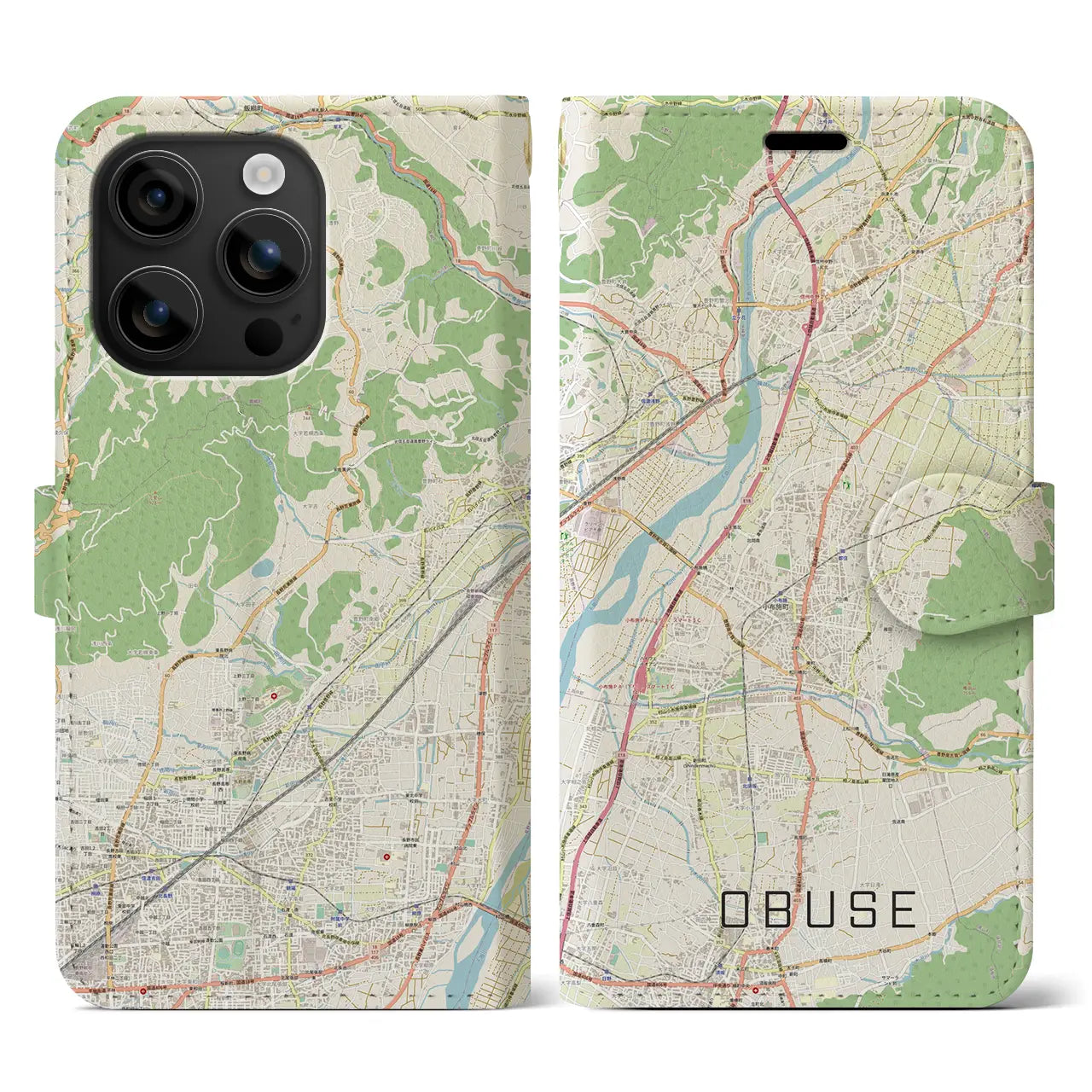 【小布施(長野県)】地図柄iPhoneケース(手帳タイプ)ナチュラル・iPhone 16 用