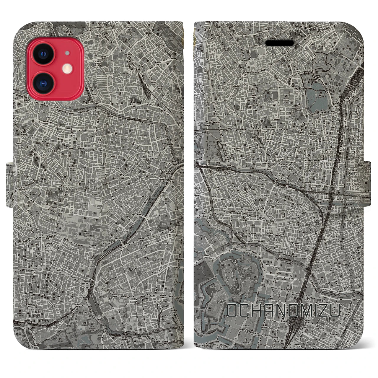 【御茶ノ水(東京都)】地図柄iPhoneケース(手帳タイプ)モノトーン・iPhone 11 用