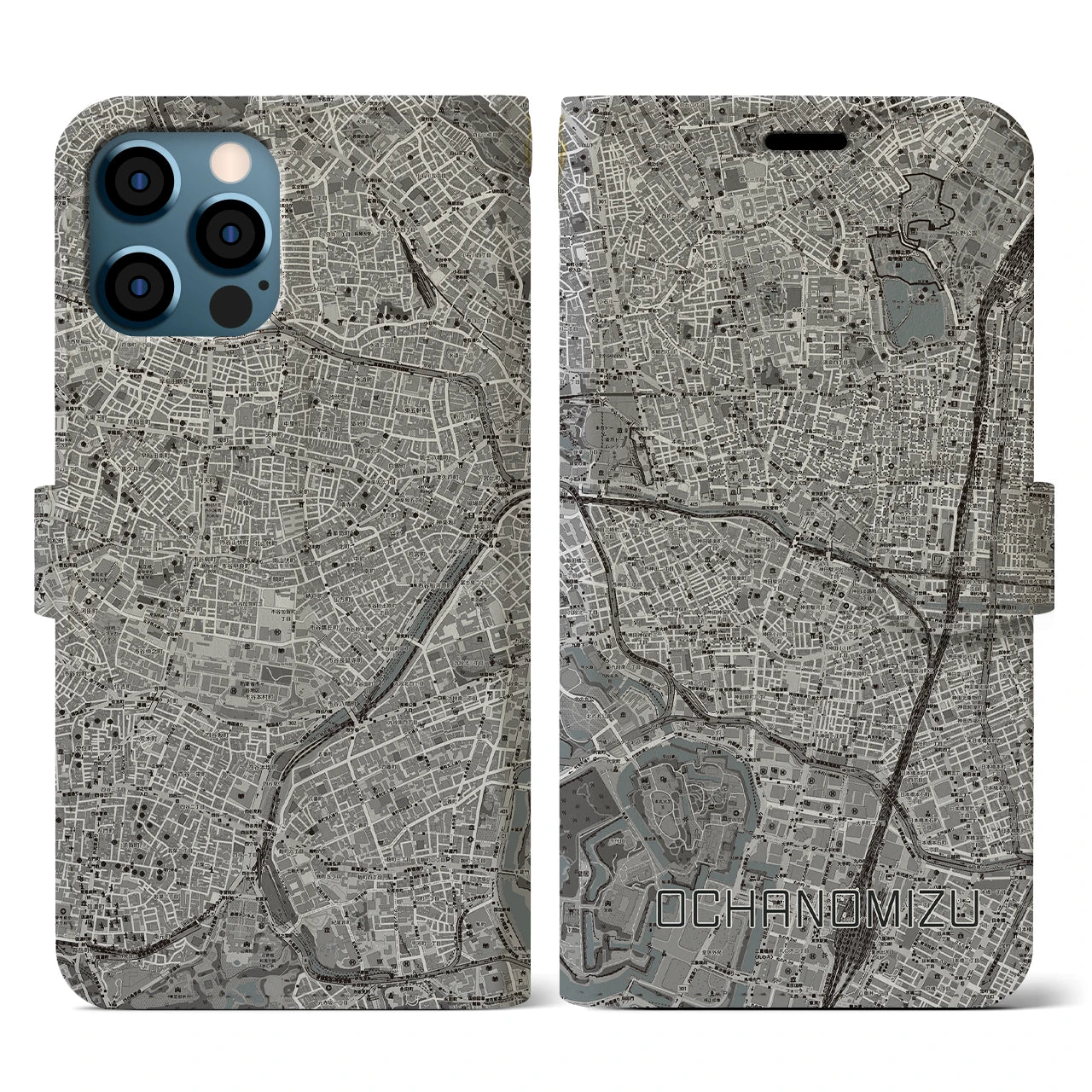 【御茶ノ水(東京都)】地図柄iPhoneケース(手帳タイプ)モノトーン・iPhone 12 / 12 Pro 用