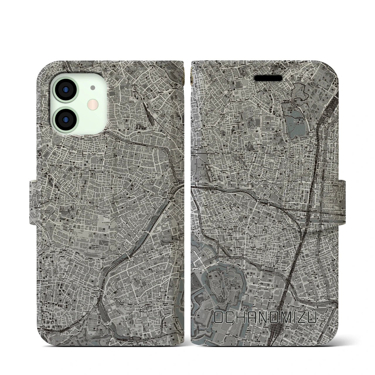 【御茶ノ水(東京都)】地図柄iPhoneケース(手帳タイプ)モノトーン・iPhone 12 mini 用