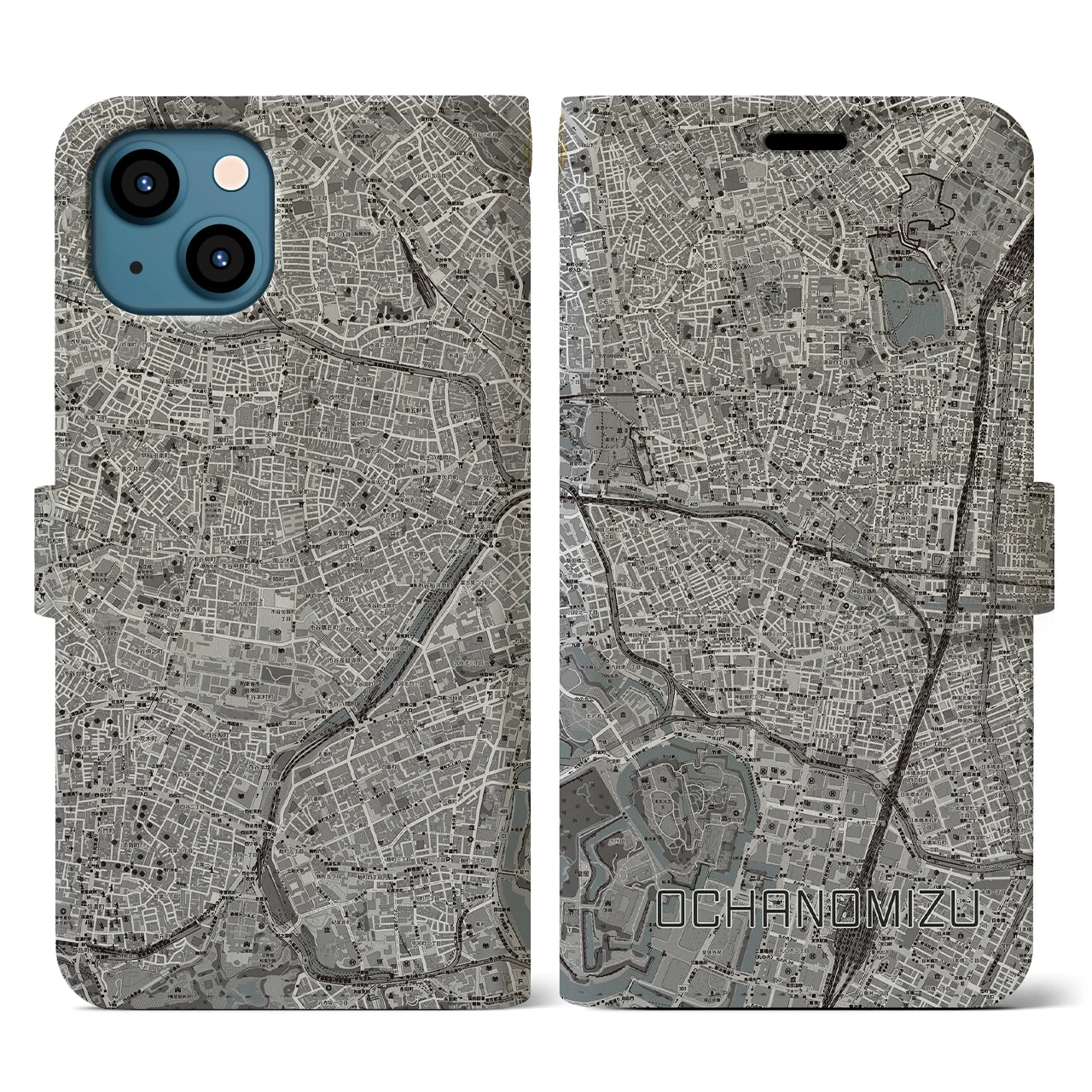 【御茶ノ水(東京都)】地図柄iPhoneケース(手帳タイプ)モノトーン・iPhone 13 用