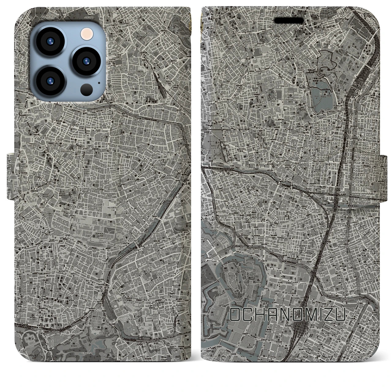 【御茶ノ水(東京都)】地図柄iPhoneケース(手帳タイプ)モノトーン・iPhone 13 Pro Max 用