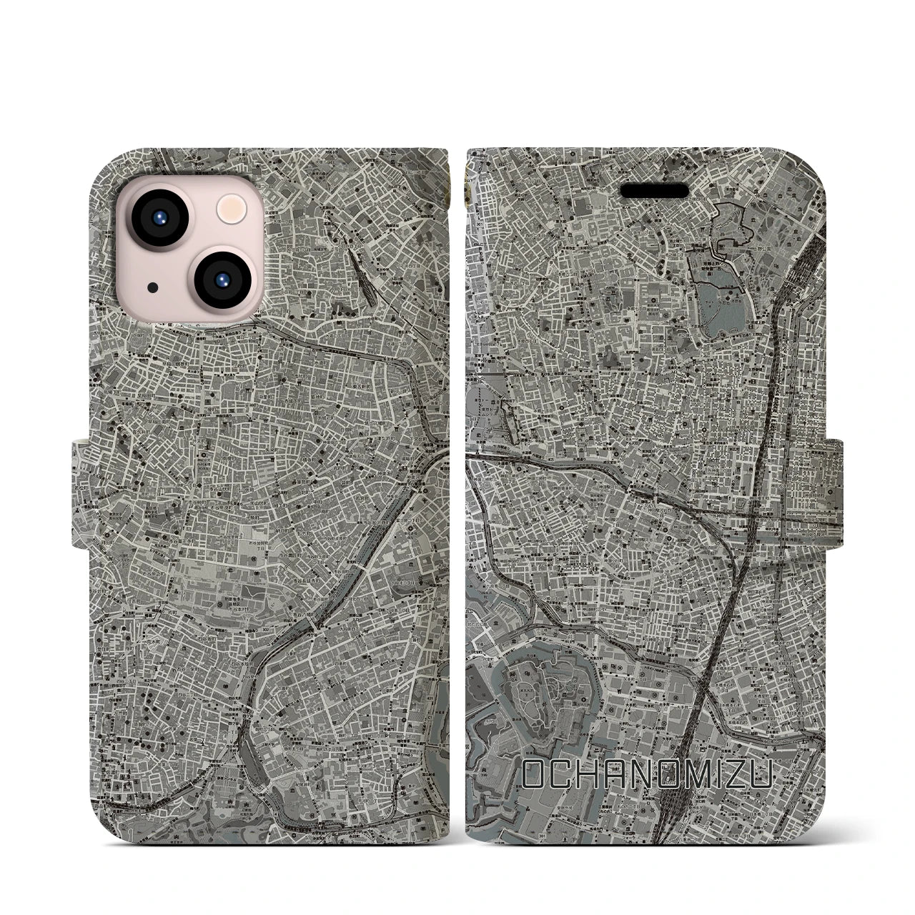 【御茶ノ水(東京都)】地図柄iPhoneケース(手帳タイプ)モノトーン・iPhone 13 mini 用