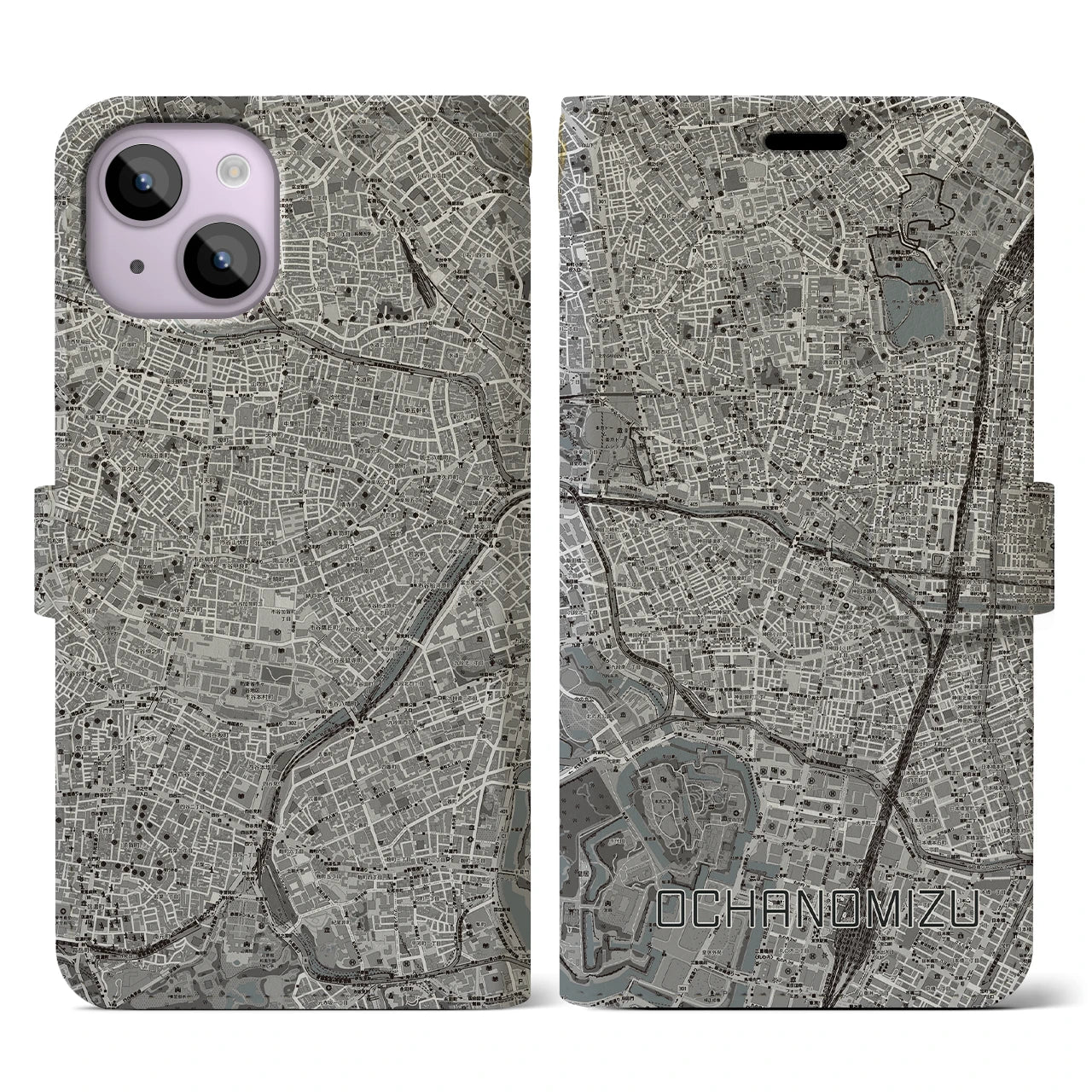 【御茶ノ水(東京都)】地図柄iPhoneケース(手帳タイプ)モノトーン・iPhone 14 用