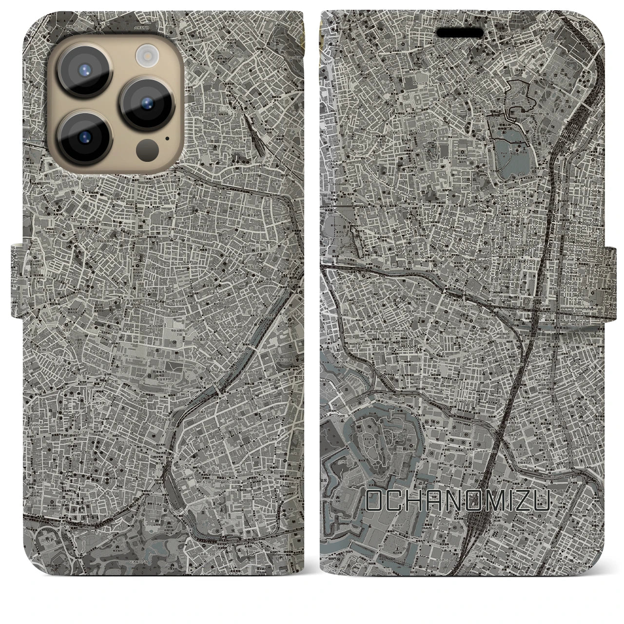 【御茶ノ水(東京都)】地図柄iPhoneケース(手帳タイプ)モノトーン・iPhone 14 Pro Max 用
