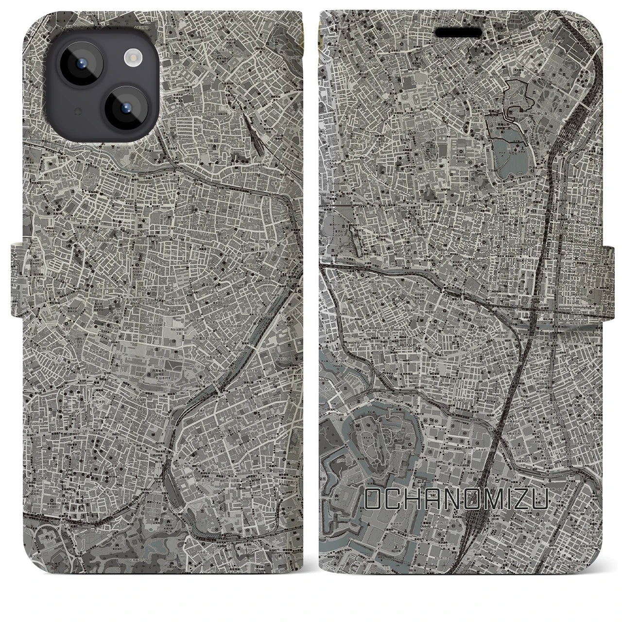 【御茶ノ水(東京都)】地図柄iPhoneケース(手帳タイプ)モノトーン・iPhone 14 Plus 用
