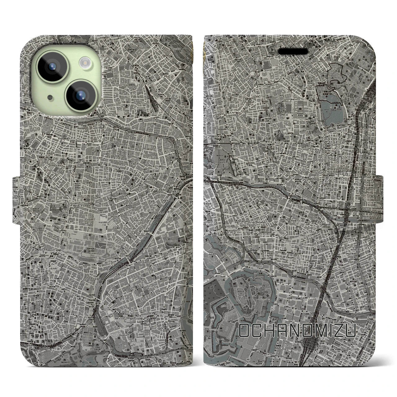 【御茶ノ水(東京都)】地図柄iPhoneケース(手帳タイプ)モノトーン・iPhone 15 用