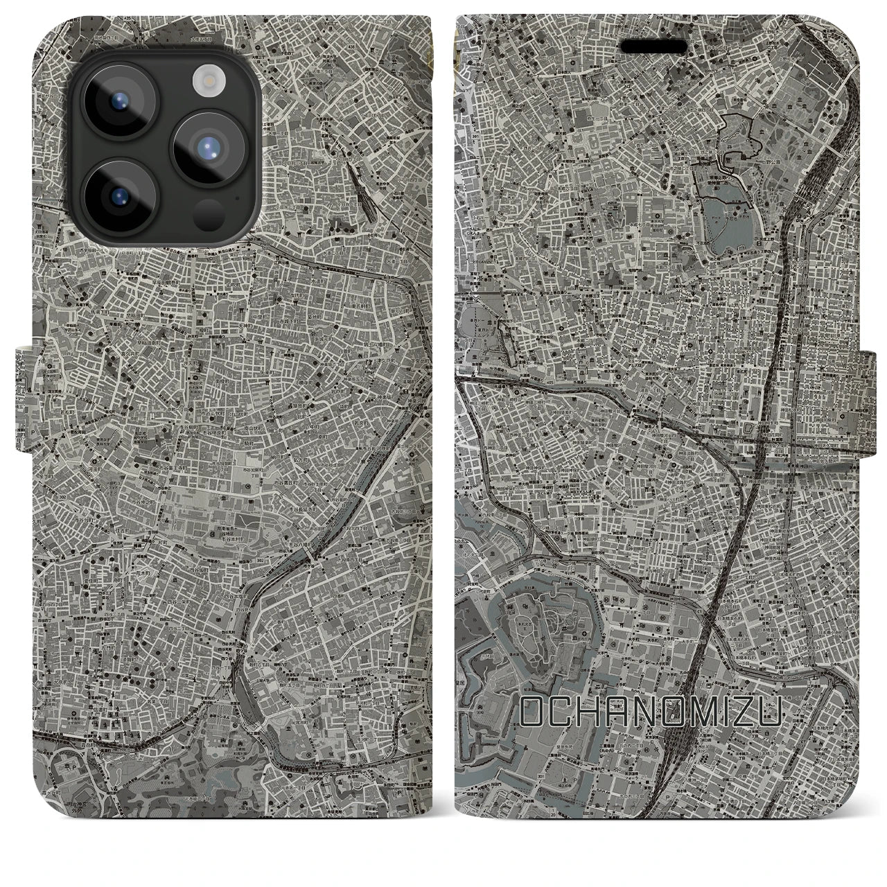 【御茶ノ水(東京都)】地図柄iPhoneケース(手帳タイプ)モノトーン・iPhone 15 Pro Max 用