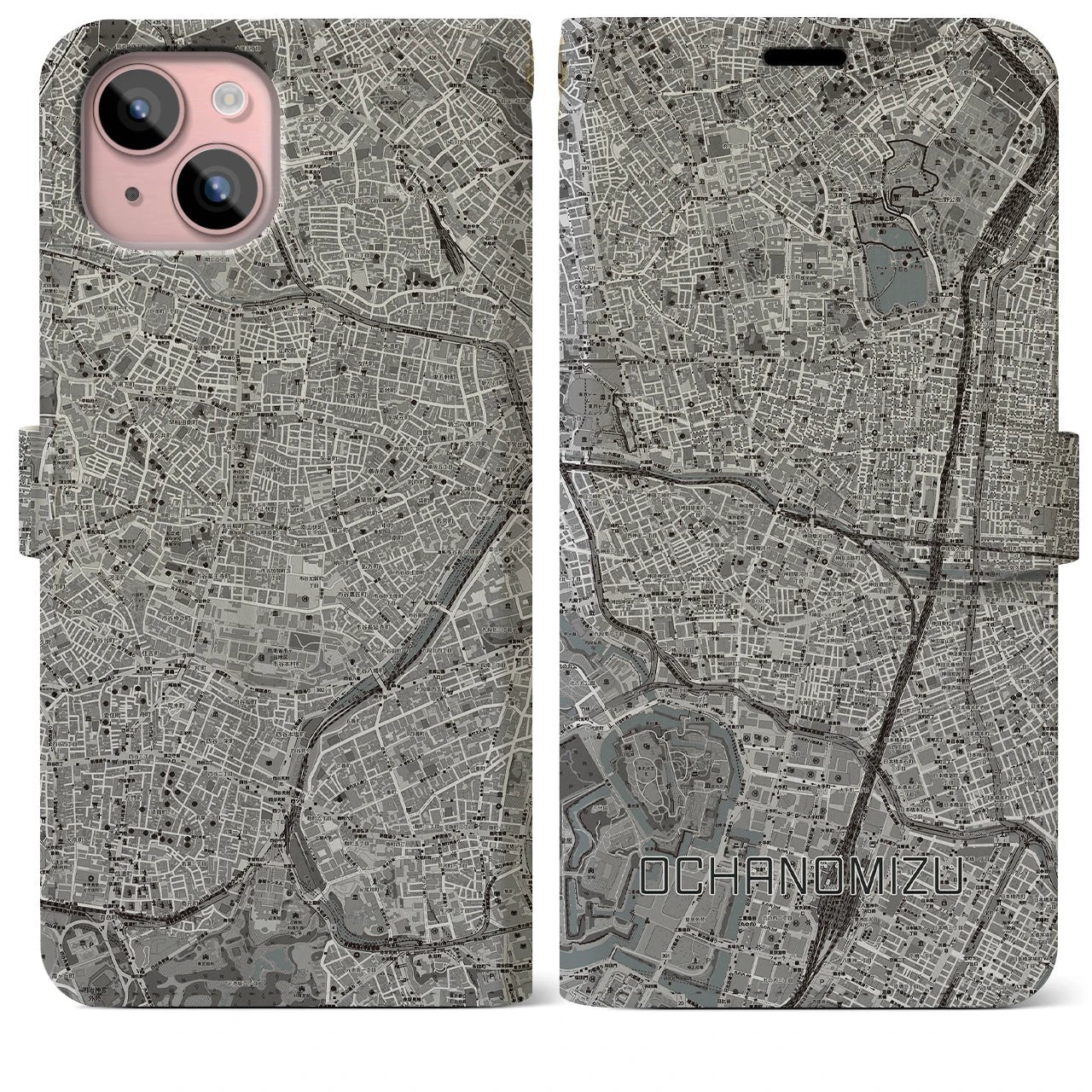 【御茶ノ水(東京都)】地図柄iPhoneケース(手帳タイプ)モノトーン・iPhone 15 Plus 用