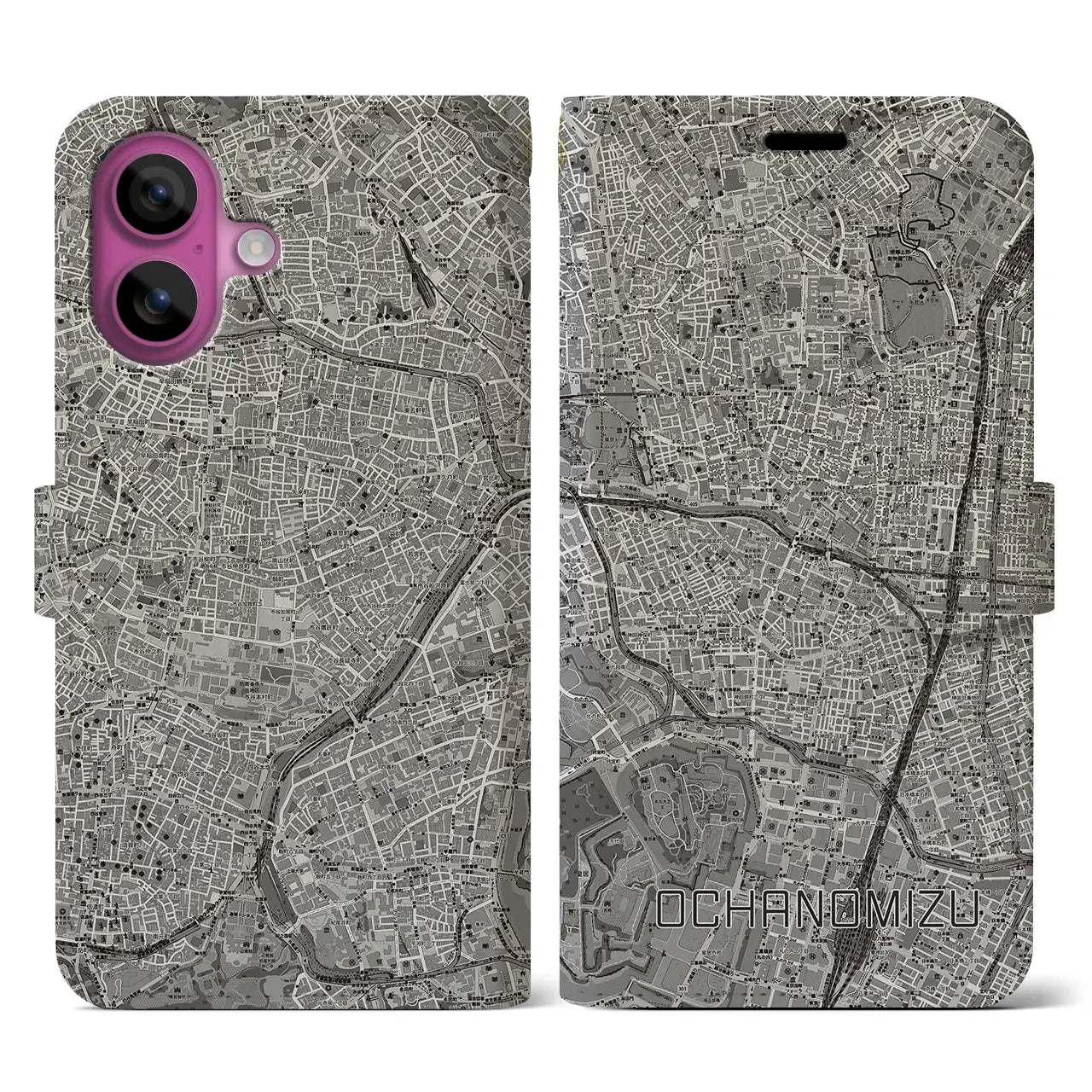 【御茶ノ水(東京都)】地図柄iPhoneケース(手帳タイプ)モノトーン・iPhone 16 Pro 用
