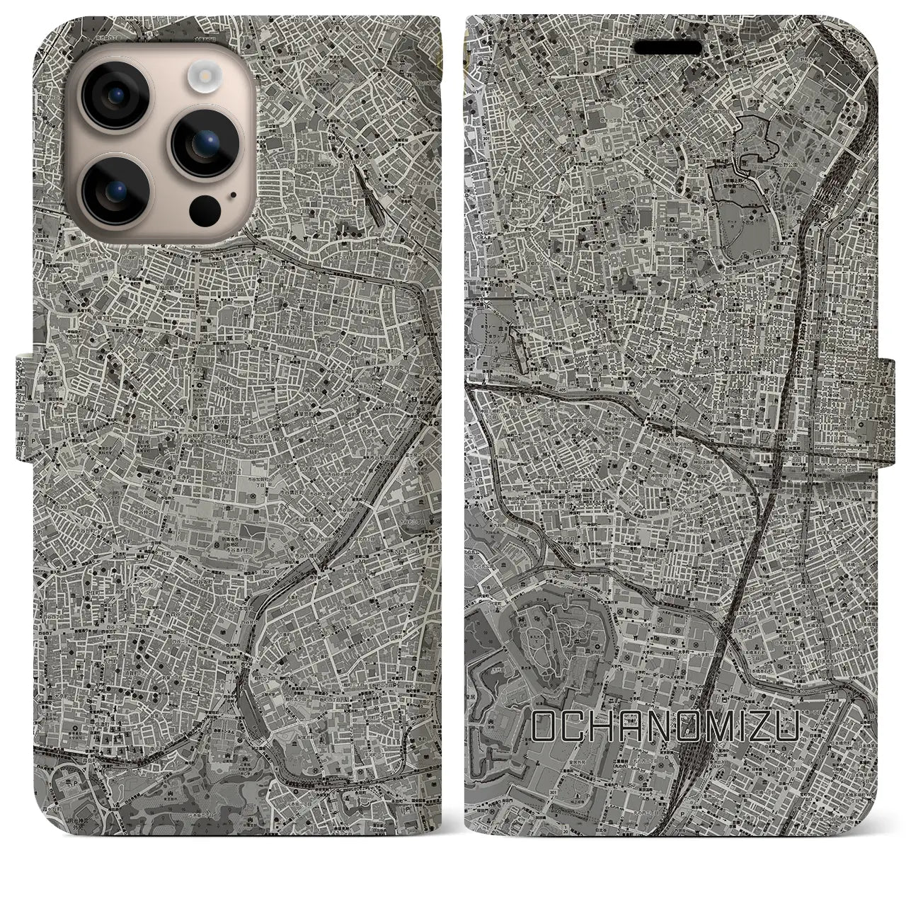 【御茶ノ水(東京都)】地図柄iPhoneケース(手帳タイプ)モノトーン・iPhone 16 Plus 用