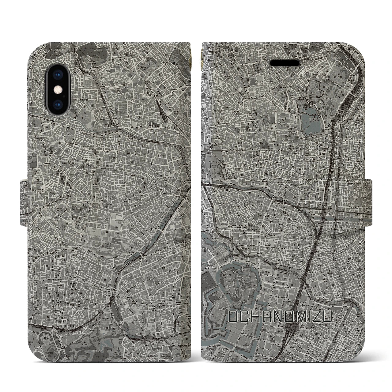 【御茶ノ水(東京都)】地図柄iPhoneケース(手帳タイプ)モノトーン・iPhone XS / X 用