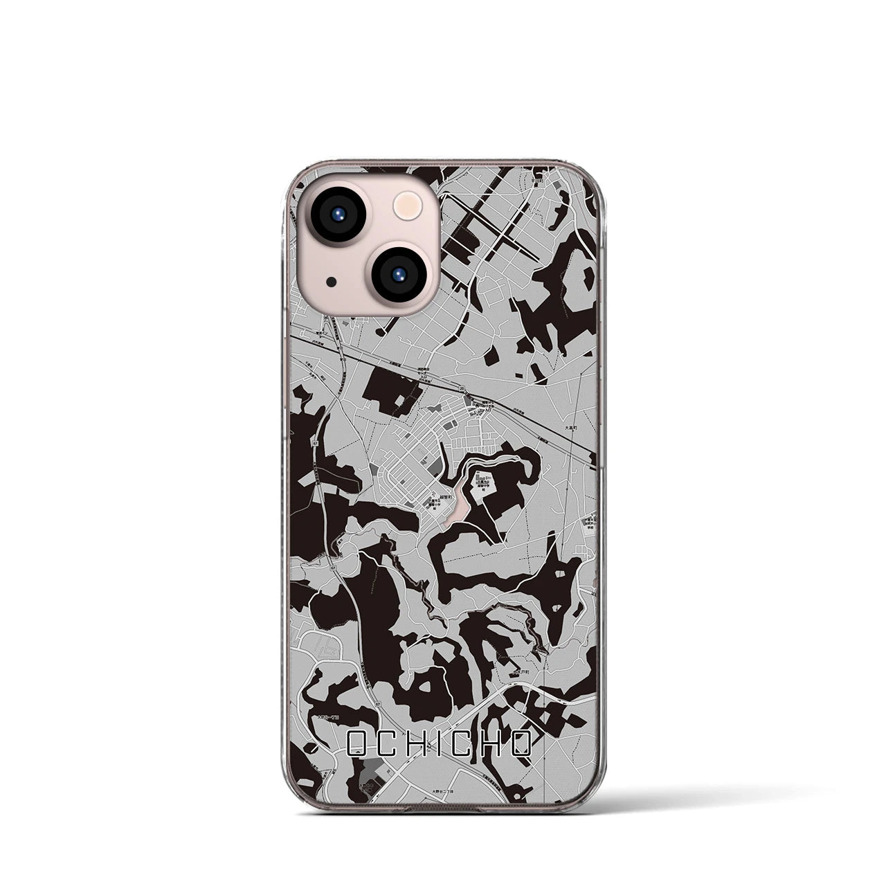 【越智町(千葉県)】地図柄iPhoneケース(クリアタイプ)モノトーン・iPhone 13 mini 用