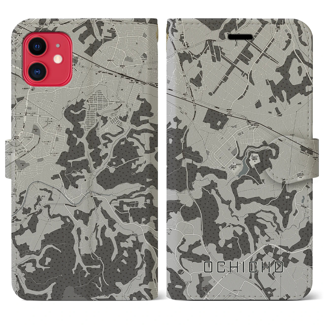 【越智町(千葉県)】地図柄iPhoneケース(手帳タイプ)モノトーン・iPhone 11 用