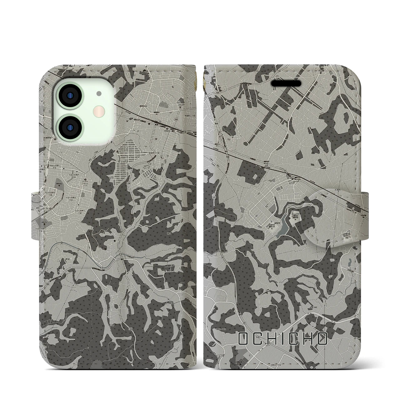 【越智町(千葉県)】地図柄iPhoneケース(手帳タイプ)モノトーン・iPhone 12 mini 用
