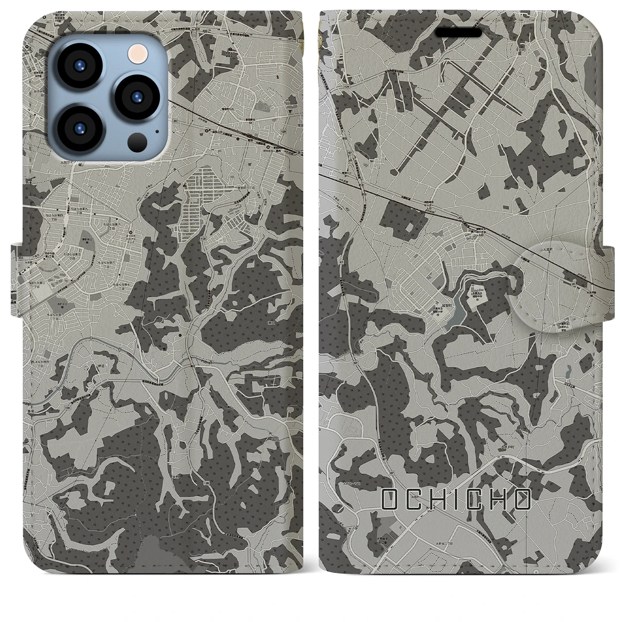【越智町(千葉県)】地図柄iPhoneケース(手帳タイプ)モノトーン・iPhone 13 Pro Max 用