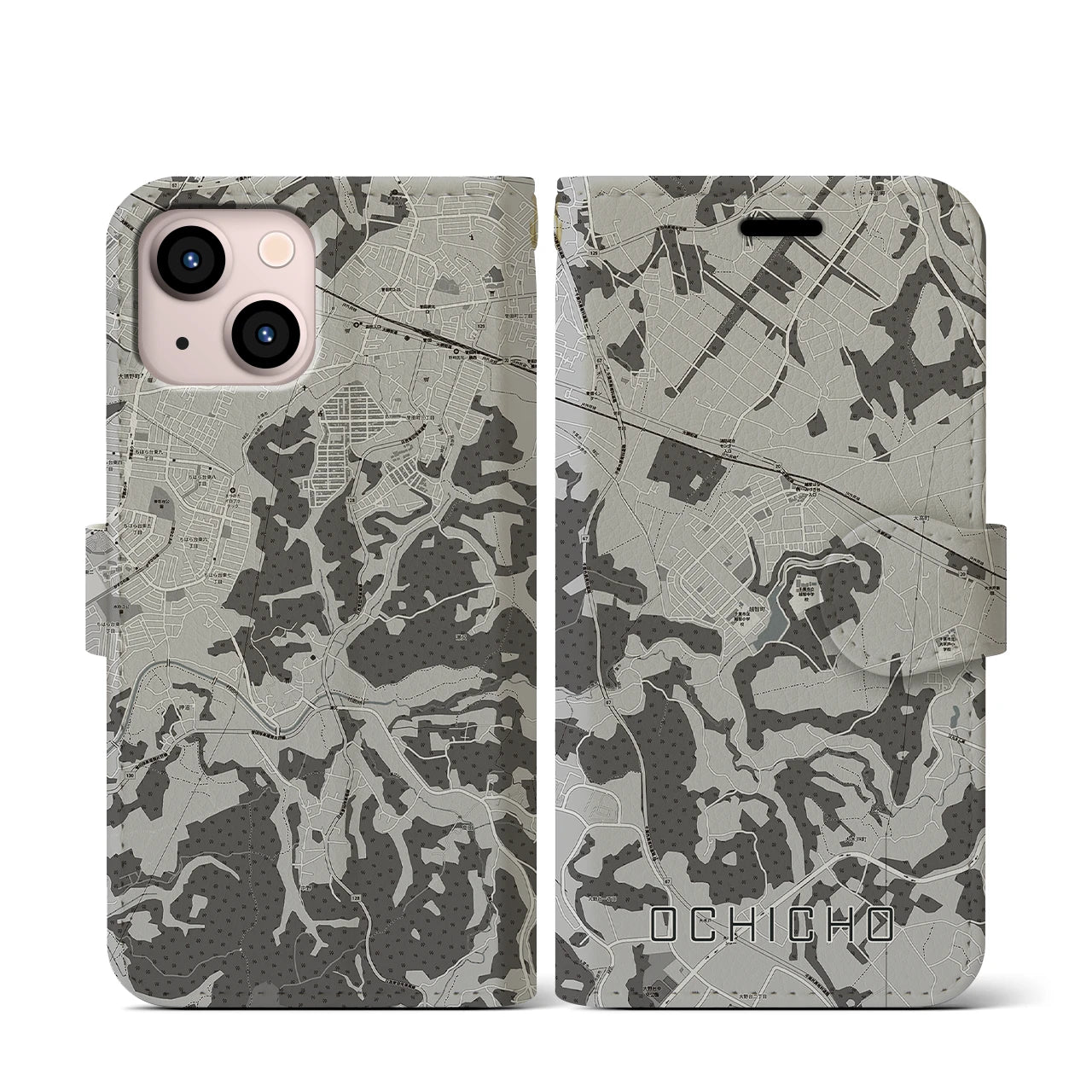 【越智町(千葉県)】地図柄iPhoneケース(手帳タイプ)モノトーン・iPhone 13 mini 用