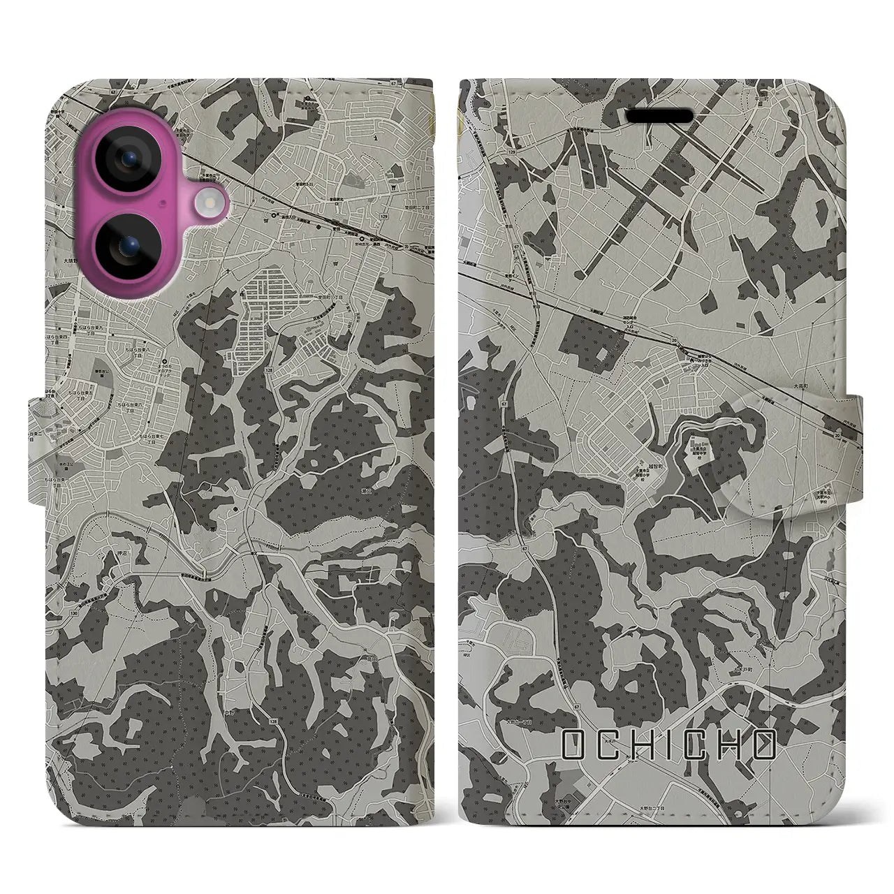 【越智町(千葉県)】地図柄iPhoneケース(手帳タイプ)モノトーン・iPhone 16 Pro 用