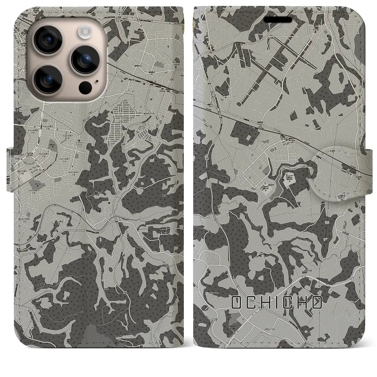 【越智町(千葉県)】地図柄iPhoneケース(手帳タイプ)モノトーン・iPhone 16 Plus 用