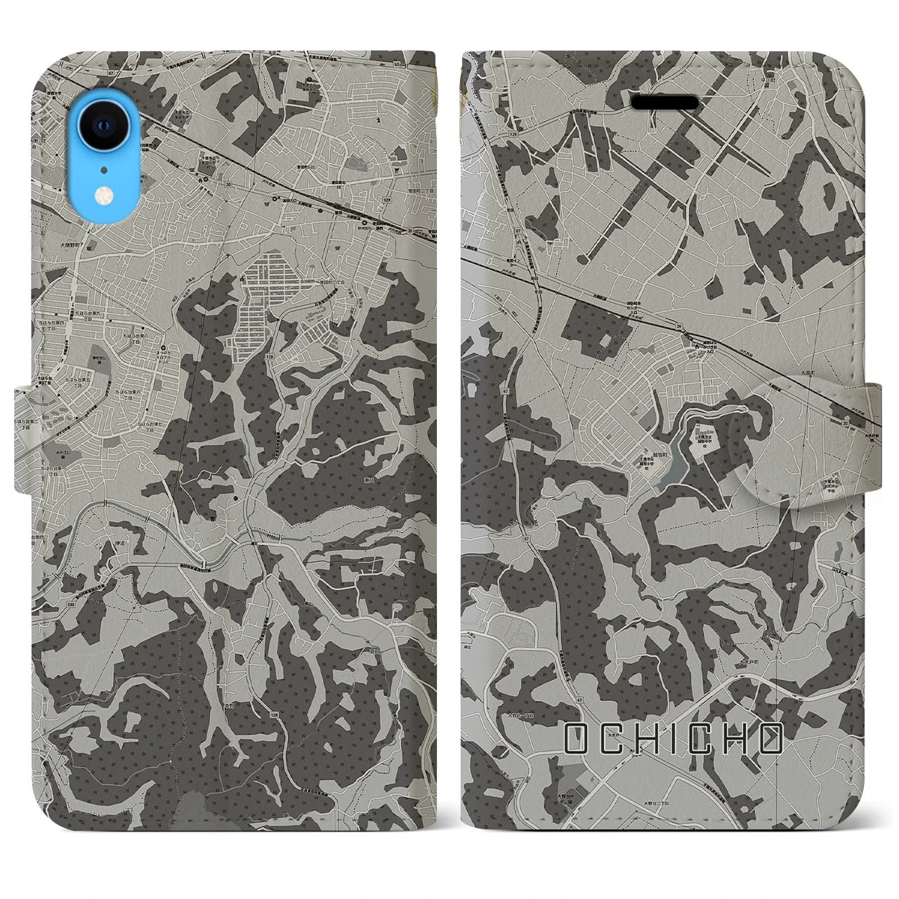 【越智町(千葉県)】地図柄iPhoneケース(手帳タイプ)モノトーン・iPhone XR 用
