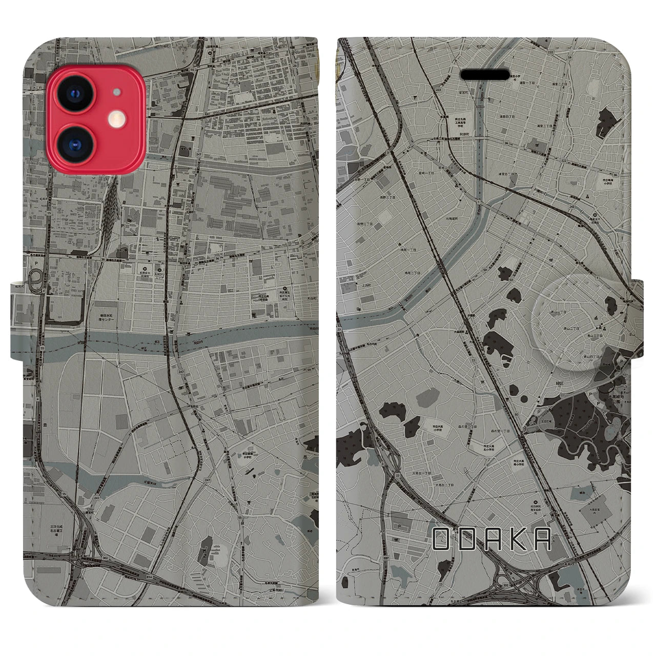 【大高(愛知県)】地図柄iPhoneケース(手帳タイプ)モノトーン・iPhone 11 用