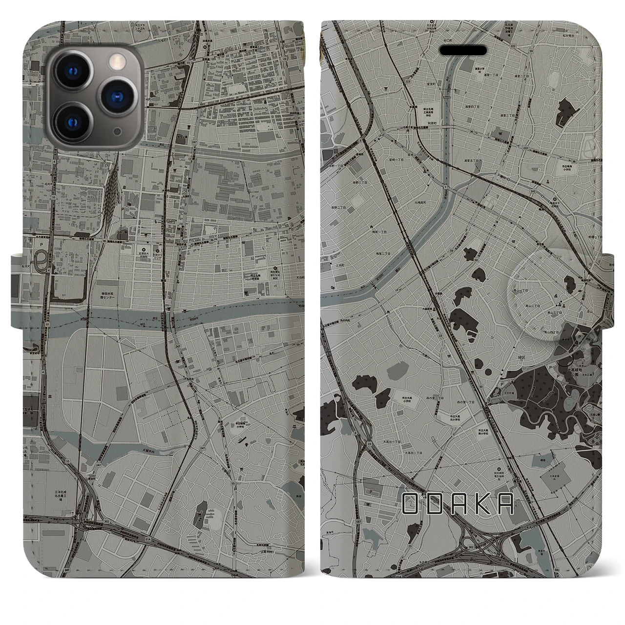 【大高(愛知県)】地図柄iPhoneケース(手帳タイプ)モノトーン・iPhone 11 Pro Max 用