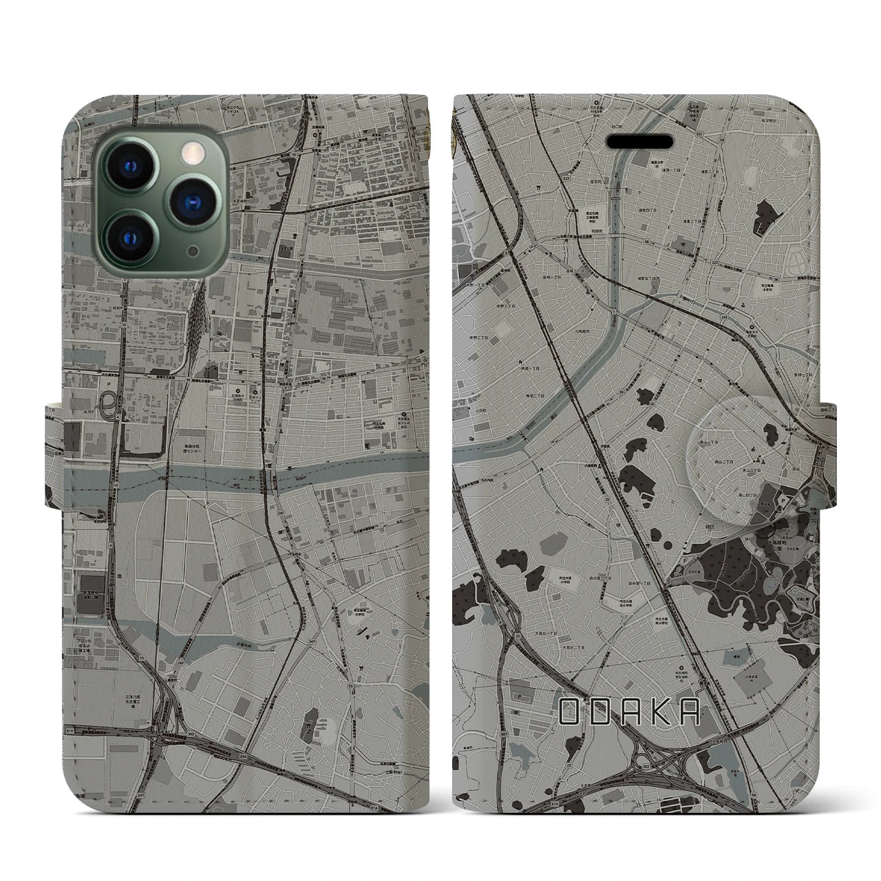 【大高(愛知県)】地図柄iPhoneケース(手帳タイプ)モノトーン・iPhone 11 Pro 用