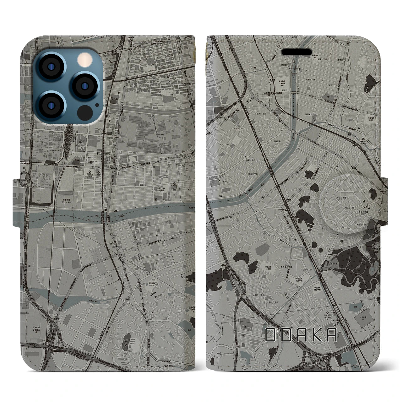 【大高(愛知県)】地図柄iPhoneケース(手帳タイプ)モノトーン・iPhone 12 / 12 Pro 用