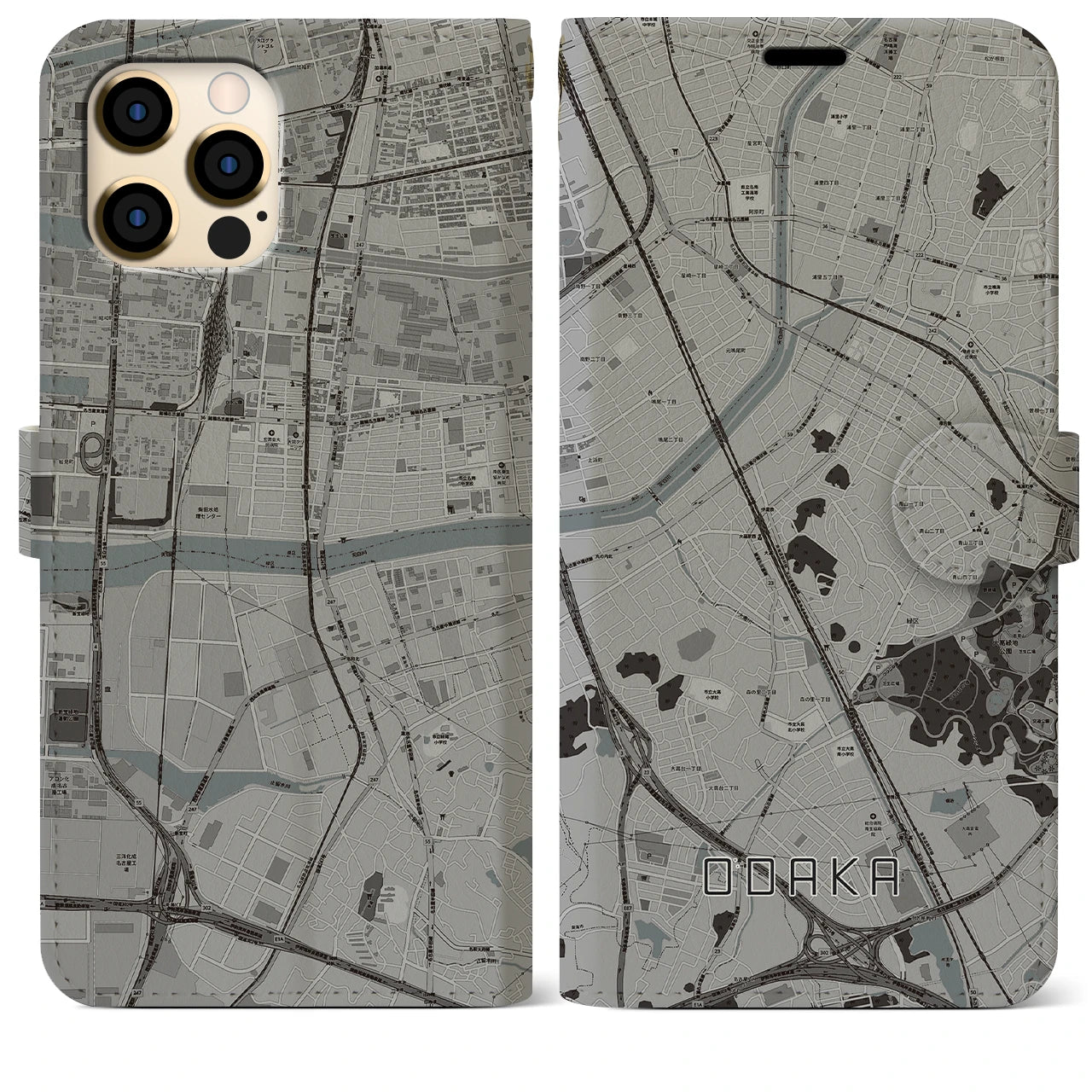 【大高(愛知県)】地図柄iPhoneケース(手帳タイプ)モノトーン・iPhone 12 Pro Max 用