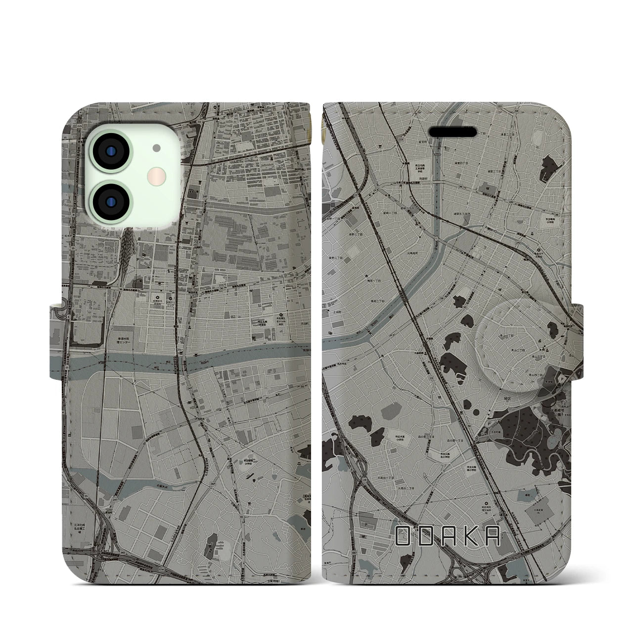 【大高(愛知県)】地図柄iPhoneケース(手帳タイプ)モノトーン・iPhone 12 mini 用