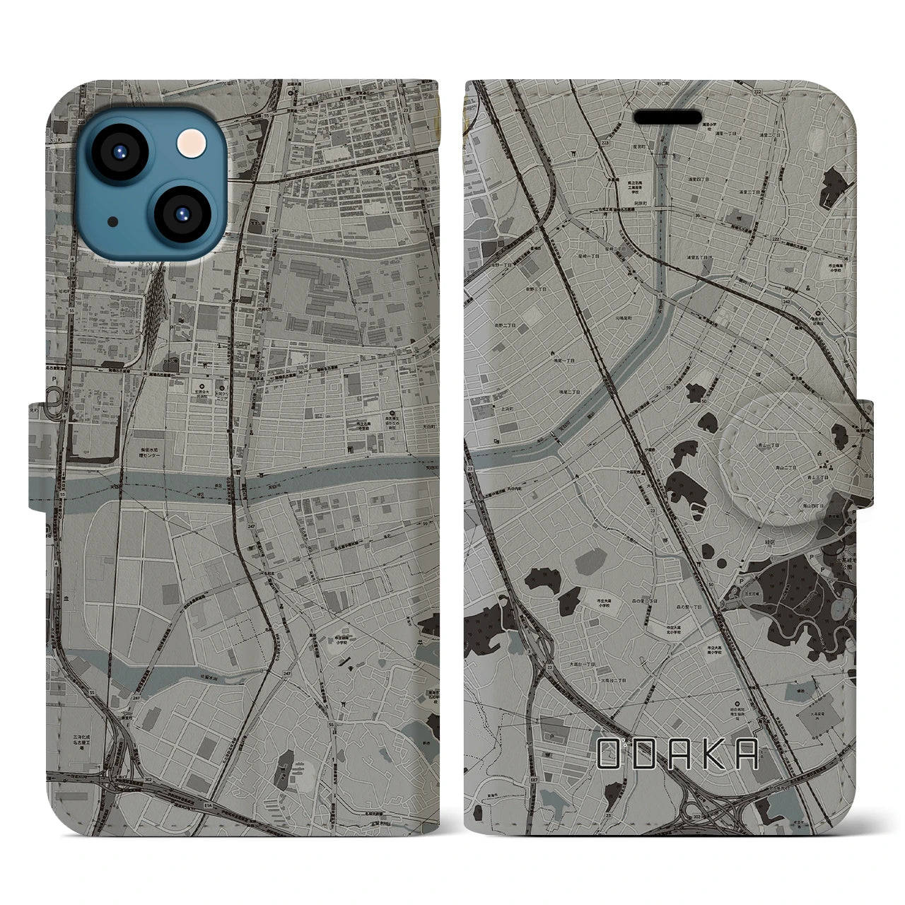 【大高(愛知県)】地図柄iPhoneケース(手帳タイプ)モノトーン・iPhone 13 用