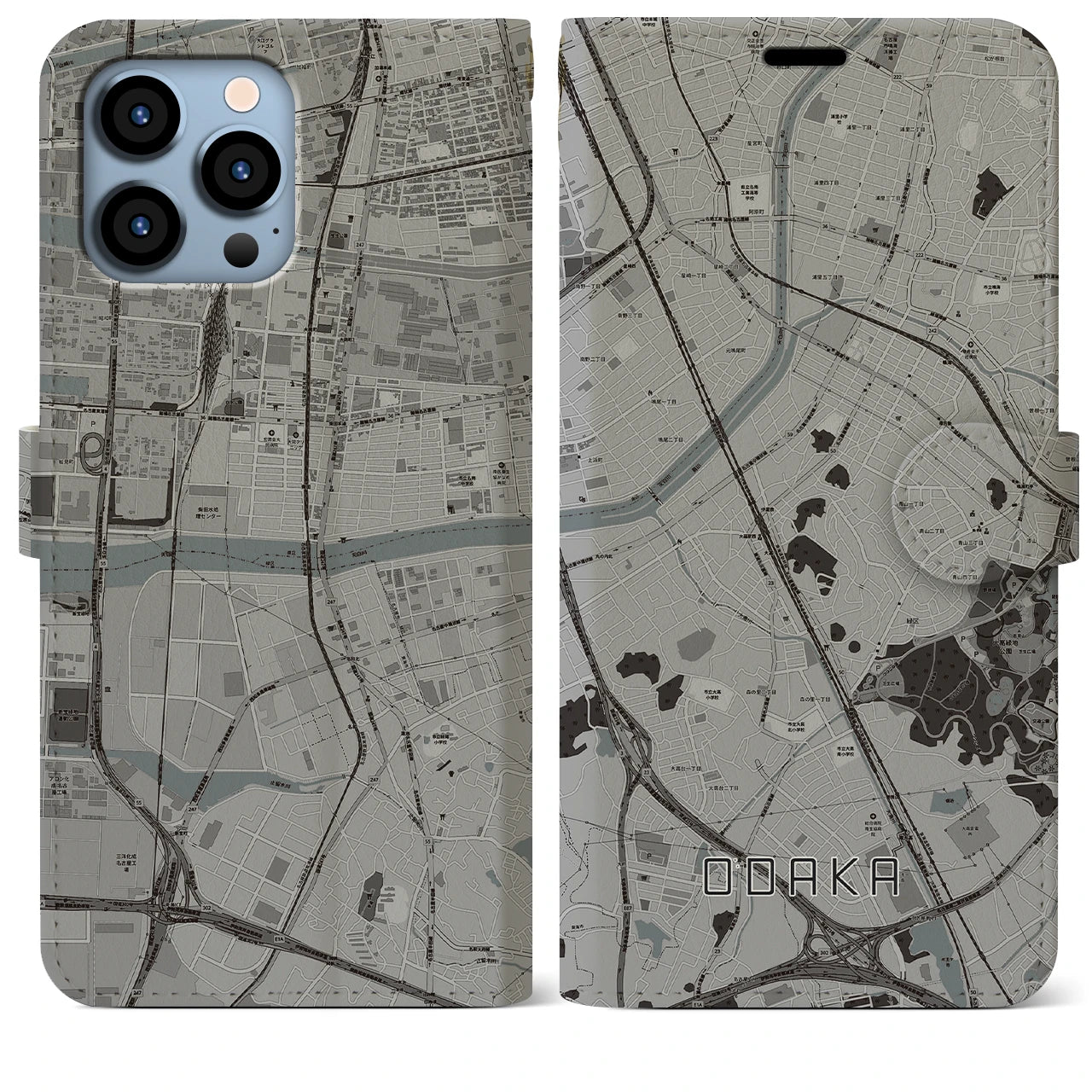 【大高(愛知県)】地図柄iPhoneケース(手帳タイプ)モノトーン・iPhone 13 Pro Max 用