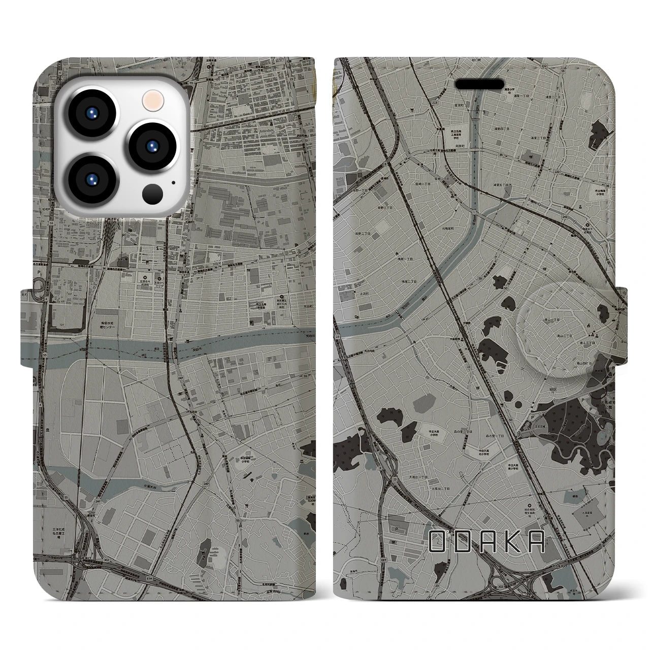 【大高(愛知県)】地図柄iPhoneケース(手帳タイプ)モノトーン・iPhone 13 Pro 用