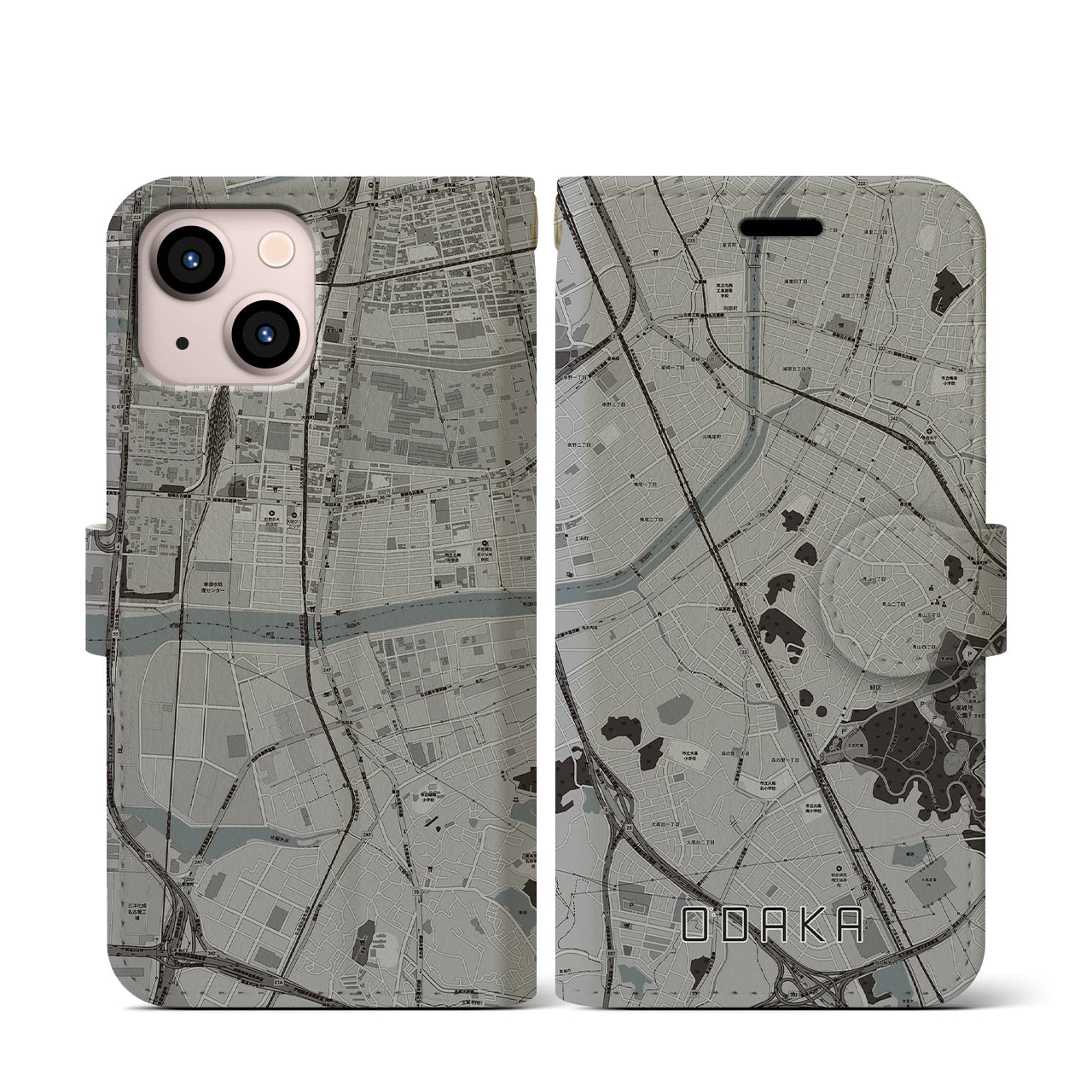 【大高(愛知県)】地図柄iPhoneケース(手帳タイプ)モノトーン・iPhone 13 mini 用