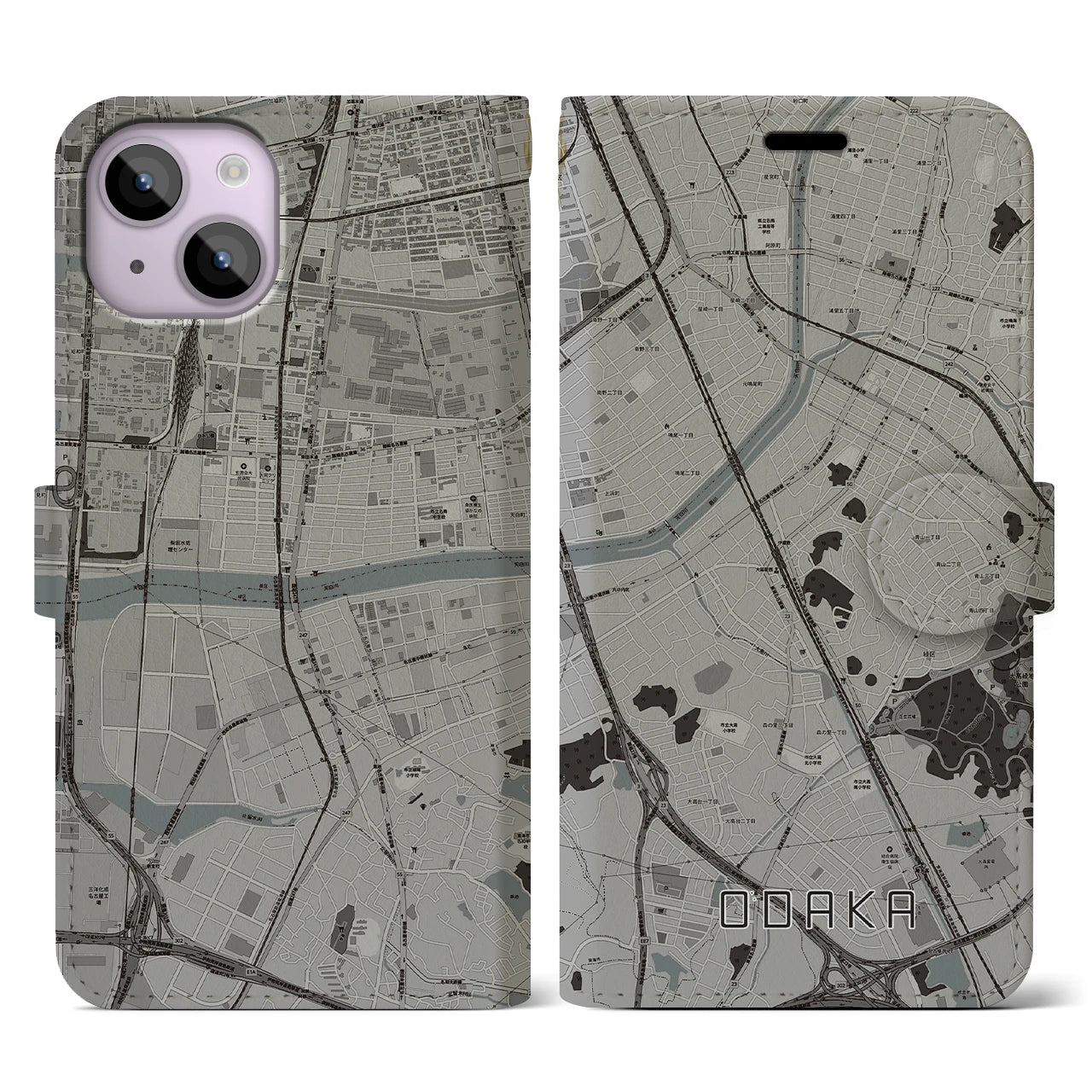 【大高(愛知県)】地図柄iPhoneケース(手帳タイプ)モノトーン・iPhone 14 用