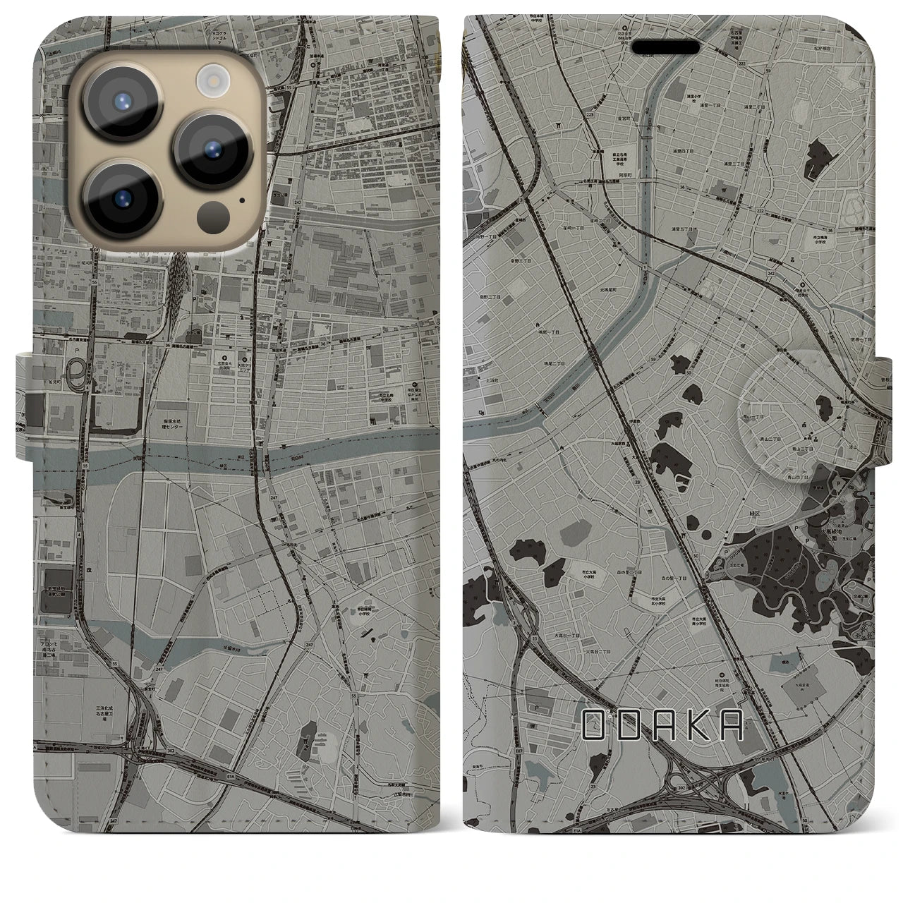 【大高(愛知県)】地図柄iPhoneケース(手帳タイプ)モノトーン・iPhone 14 Pro Max 用