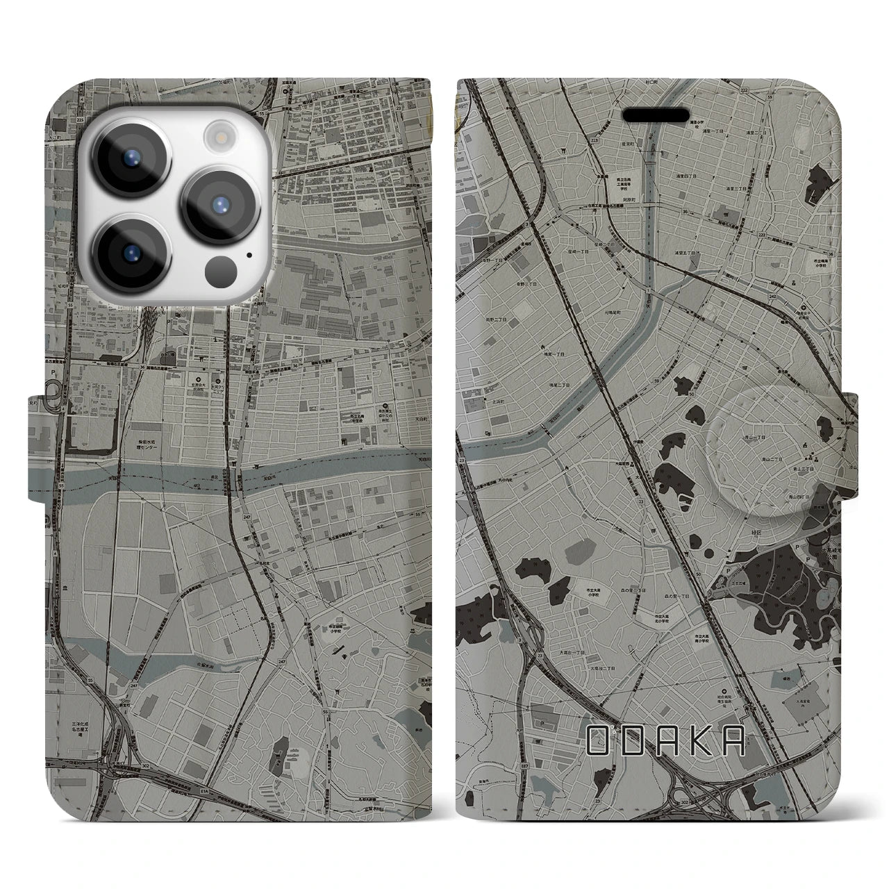 【大高(愛知県)】地図柄iPhoneケース(手帳タイプ)モノトーン・iPhone 14 Pro 用