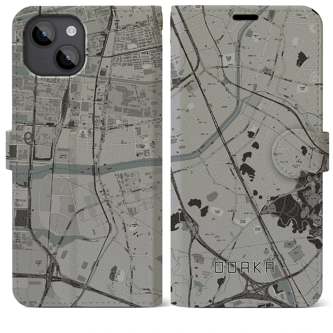 【大高(愛知県)】地図柄iPhoneケース(手帳タイプ)モノトーン・iPhone 14 Plus 用