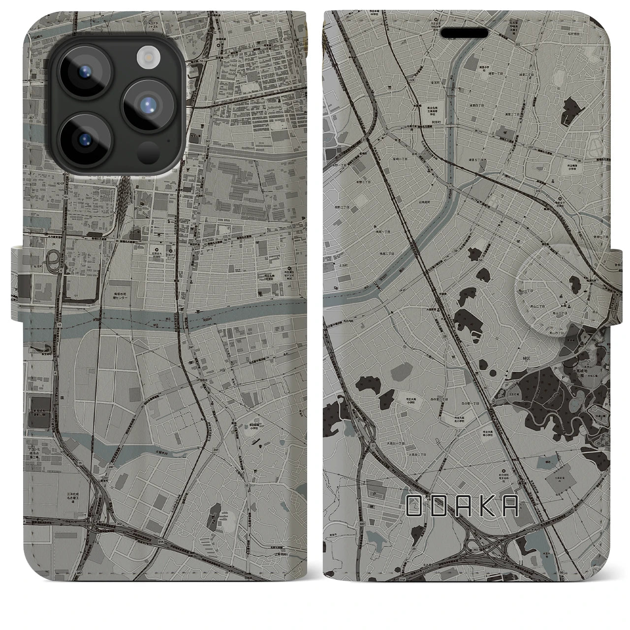 【大高(愛知県)】地図柄iPhoneケース(手帳タイプ)モノトーン・iPhone 15 Pro Max 用