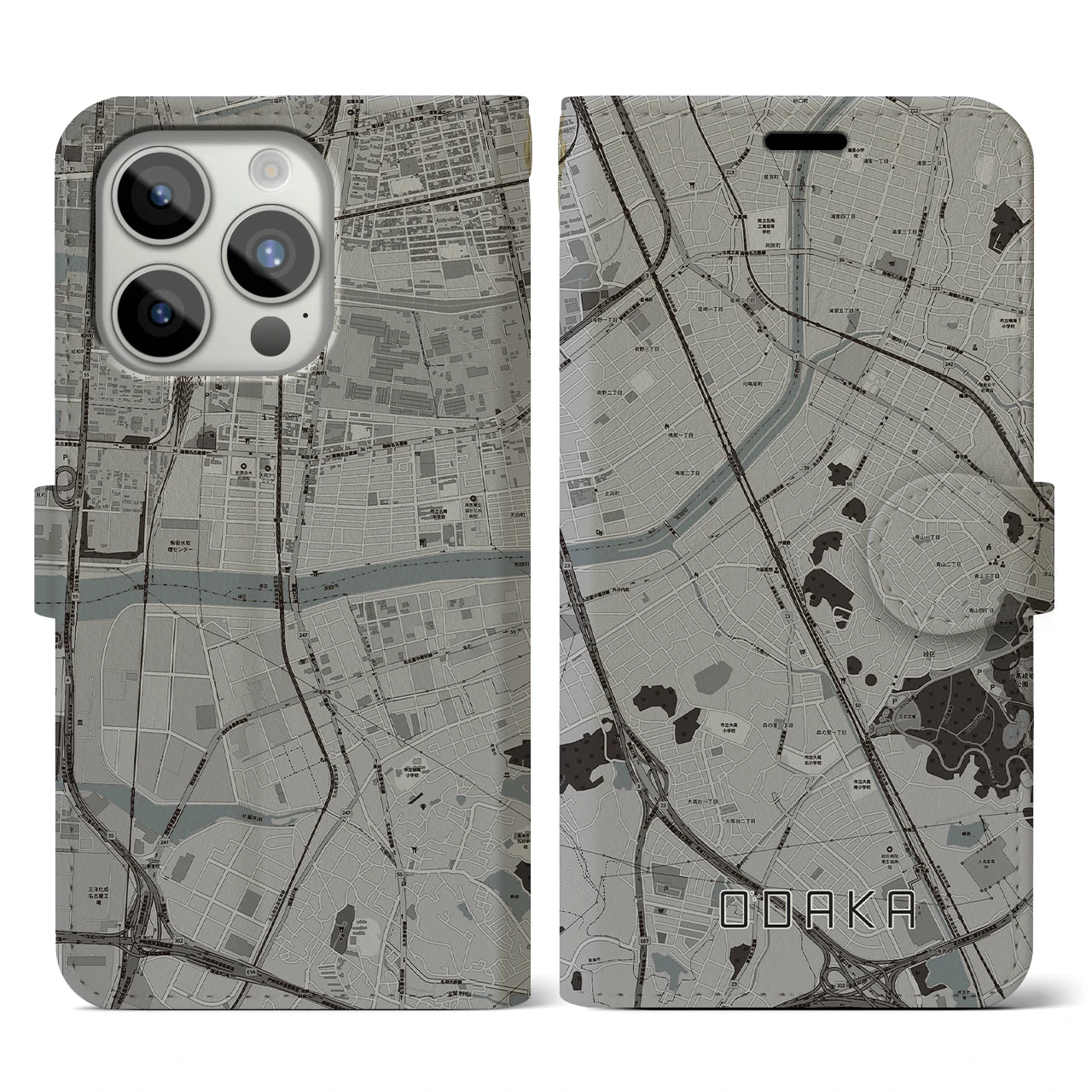 【大高(愛知県)】地図柄iPhoneケース(手帳タイプ)モノトーン・iPhone 15 Pro 用