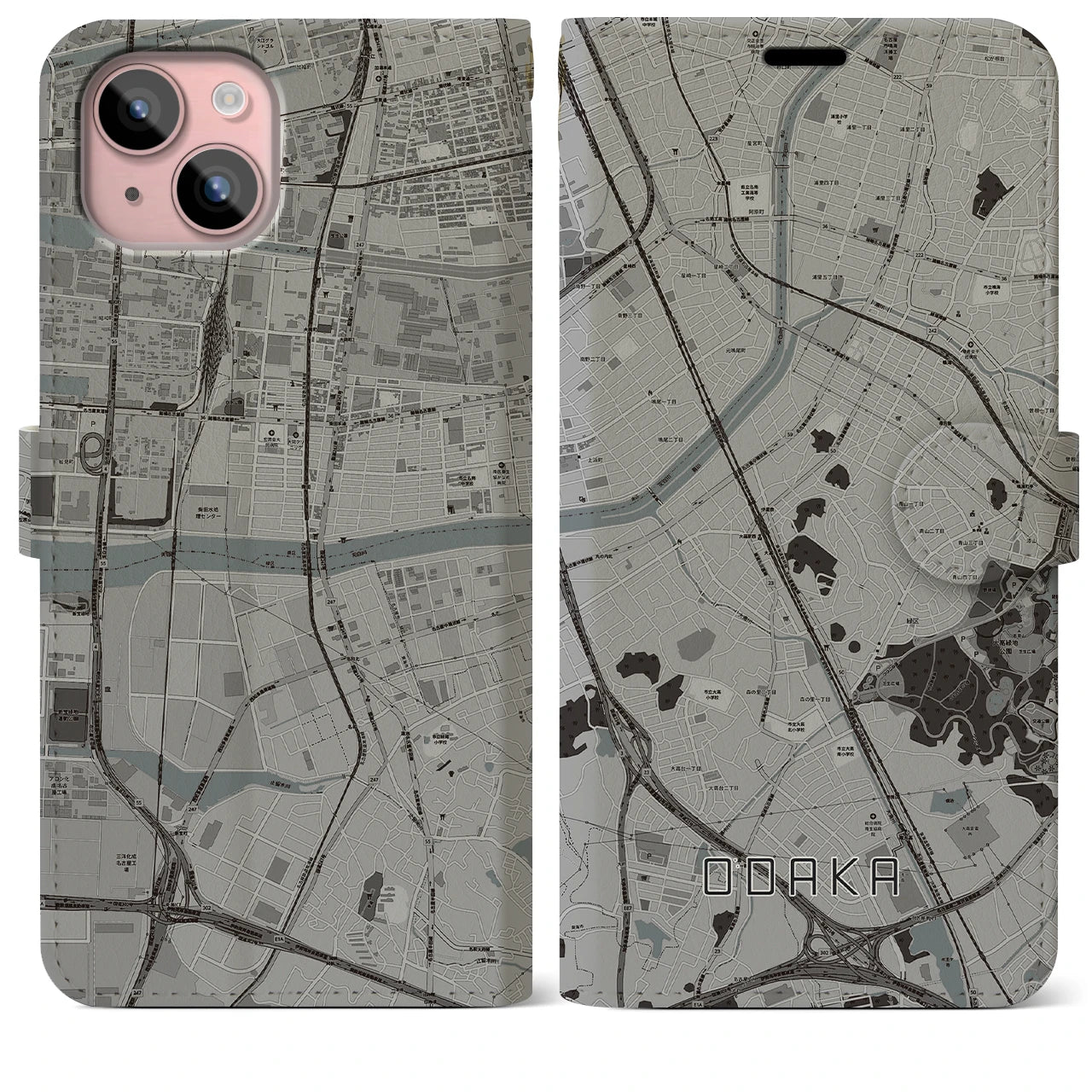 【大高(愛知県)】地図柄iPhoneケース(手帳タイプ)モノトーン・iPhone 15 Plus 用