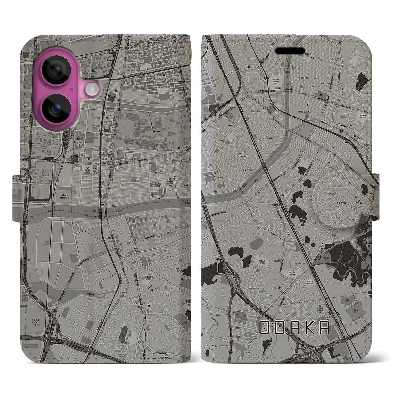 【大高(愛知県)】地図柄iPhoneケース(手帳タイプ)モノトーン・iPhone 16 Pro 用