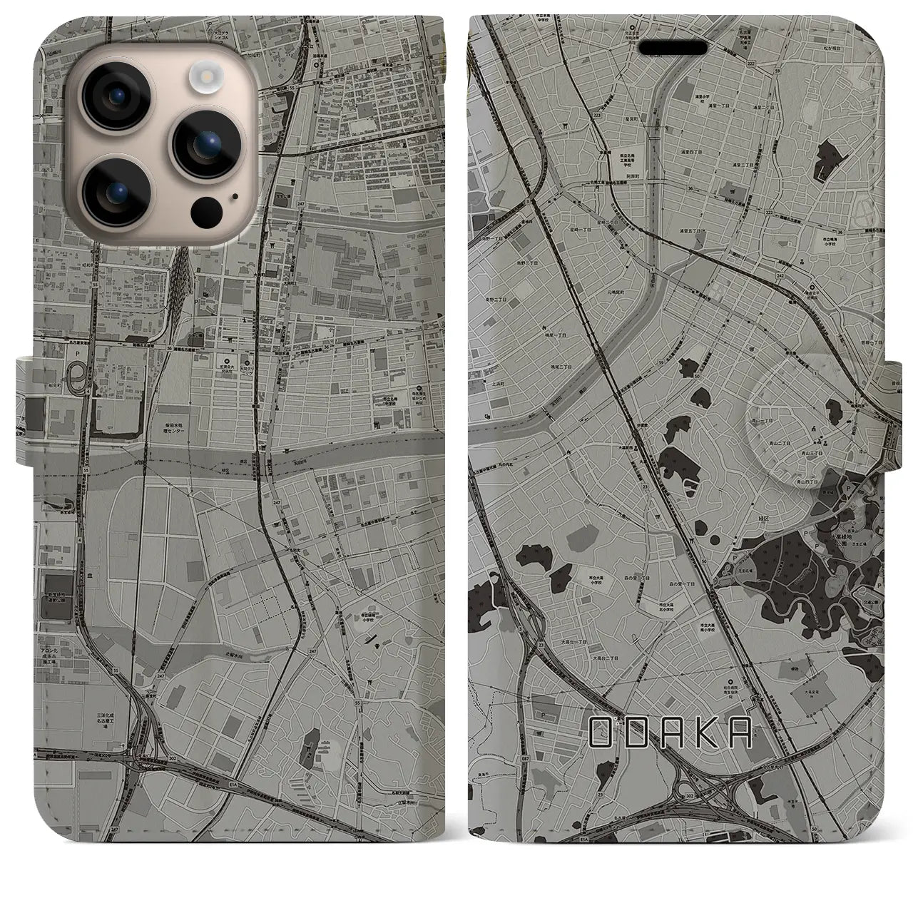 【大高(愛知県)】地図柄iPhoneケース(手帳タイプ)モノトーン・iPhone 16 Plus 用