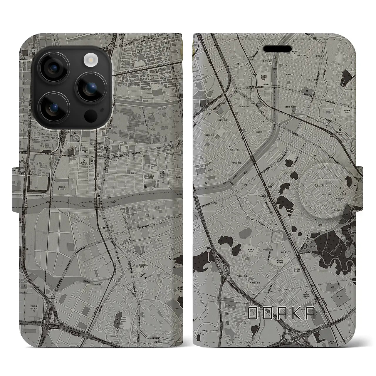 【大高(愛知県)】地図柄iPhoneケース(手帳タイプ)モノトーン・iPhone 16 用