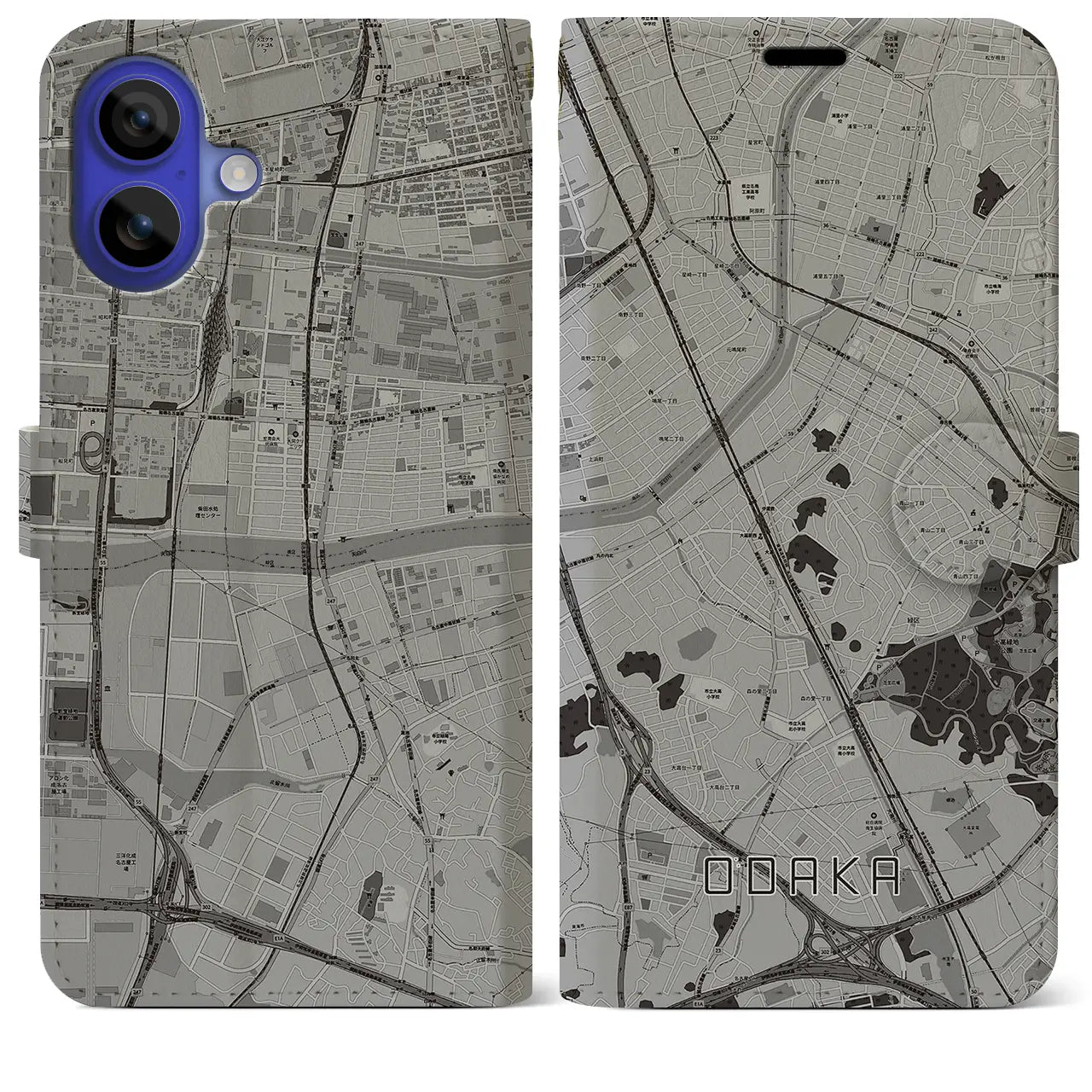 【大高(愛知県)】地図柄iPhoneケース(手帳タイプ)モノトーン・iPhone 16 Pro Max 用