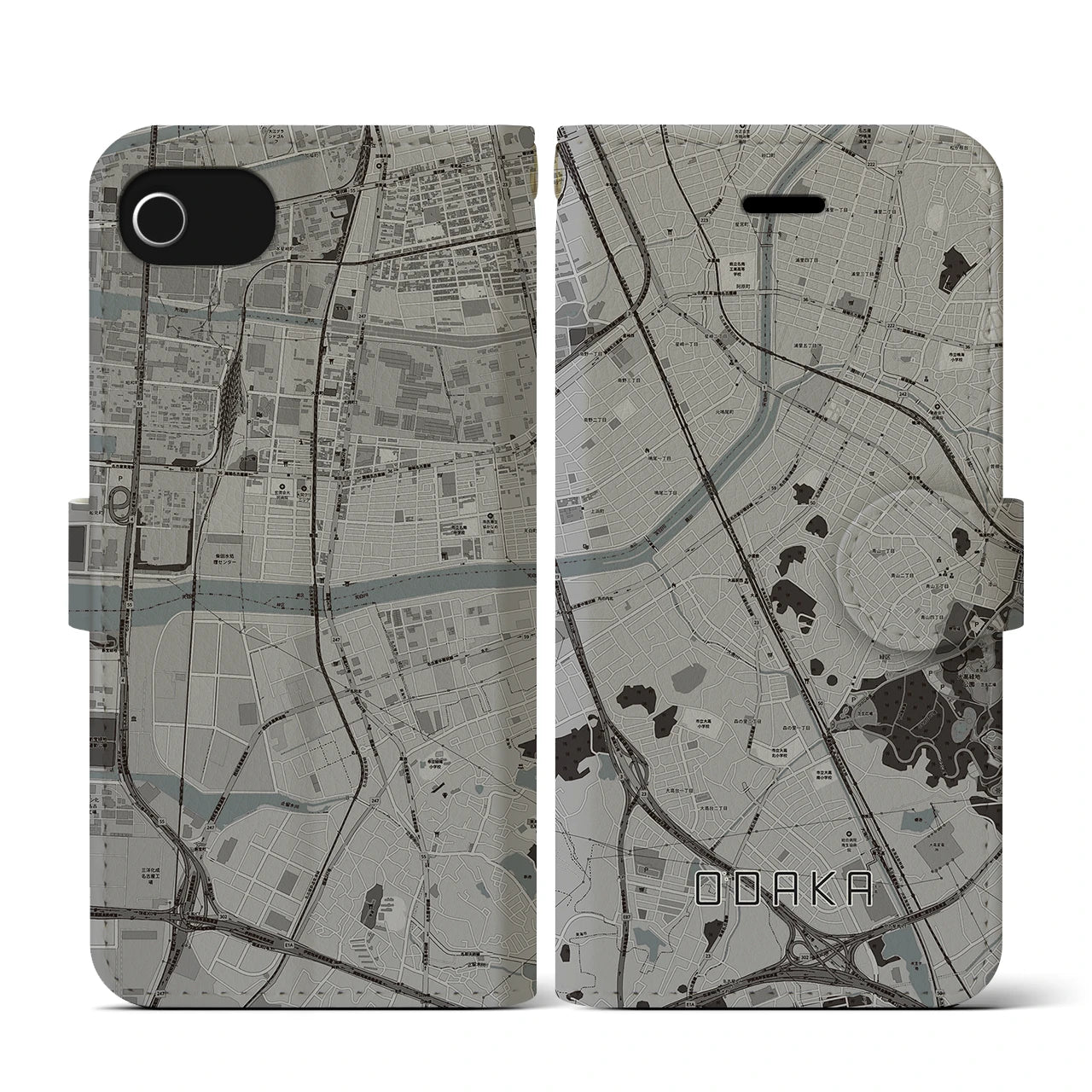 【大高(愛知県)】地図柄iPhoneケース(手帳タイプ)モノトーン・iPhone SE(第3 / 第2世代) / 8 / 7 / 6s / 6 用