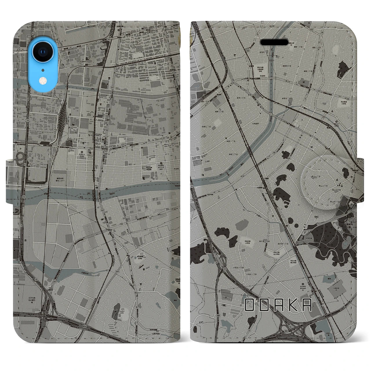 【大高(愛知県)】地図柄iPhoneケース(手帳タイプ)モノトーン・iPhone XR 用