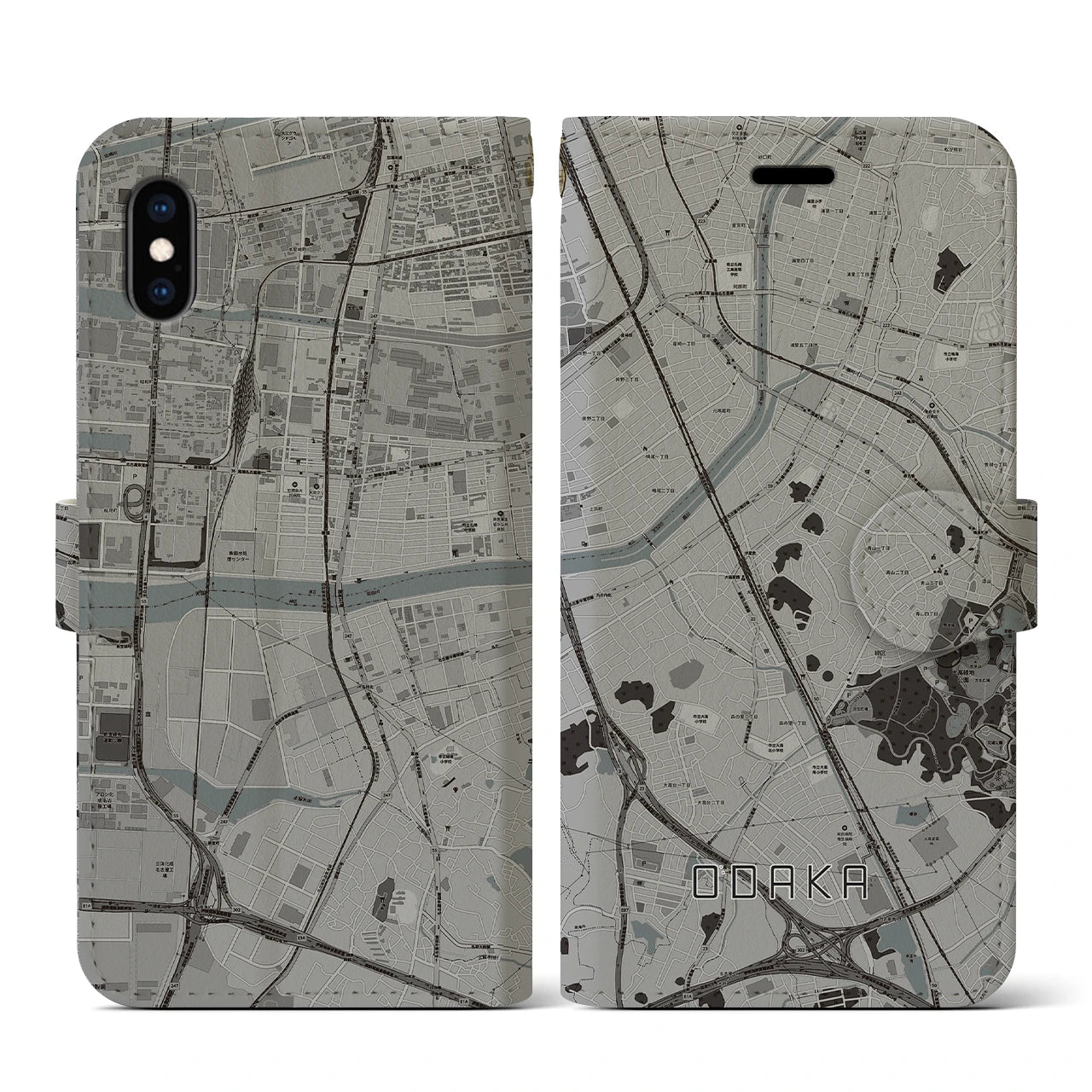 【大高(愛知県)】地図柄iPhoneケース(手帳タイプ)モノトーン・iPhone XS / X 用