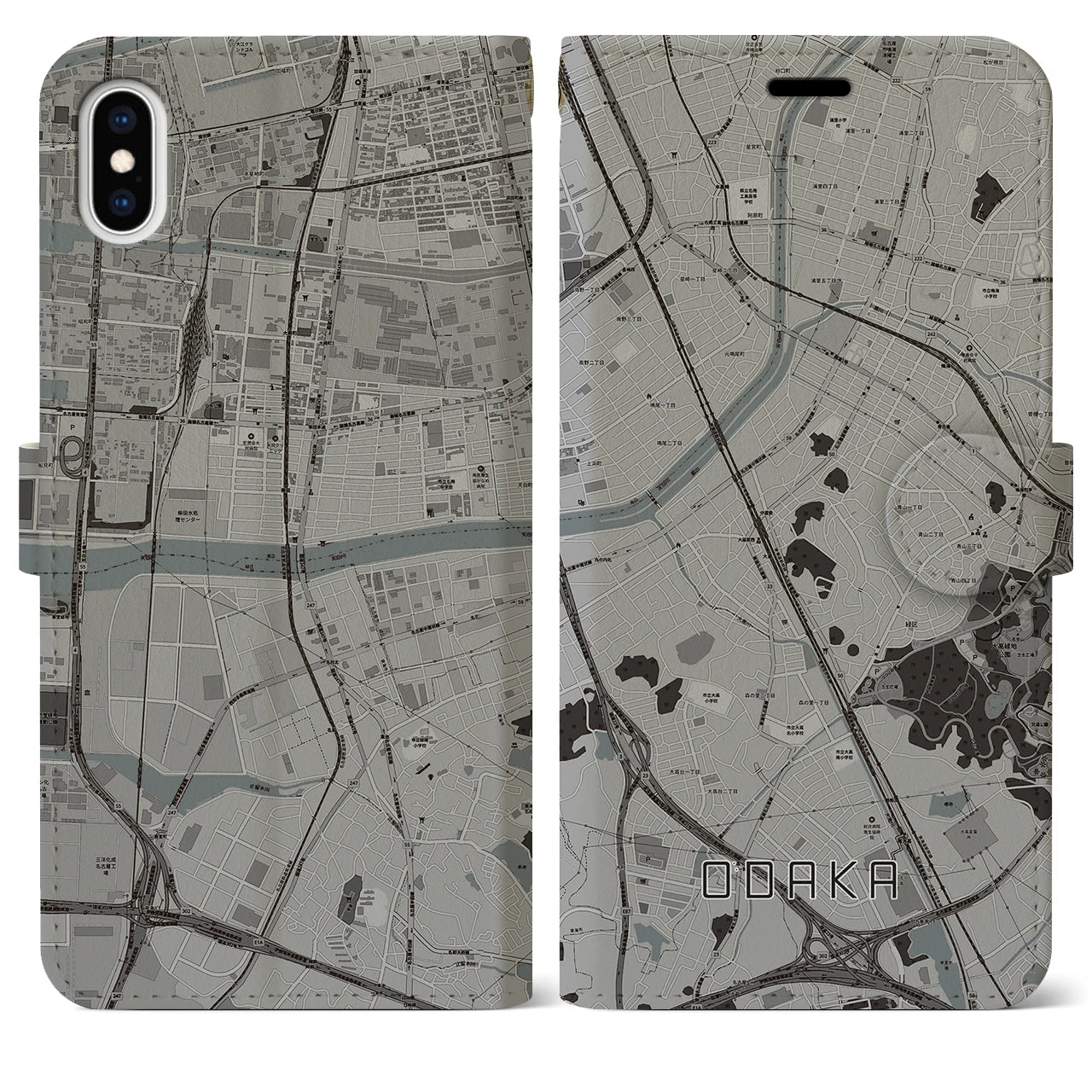 【大高(愛知県)】地図柄iPhoneケース(手帳タイプ)モノトーン・iPhone XS Max 用