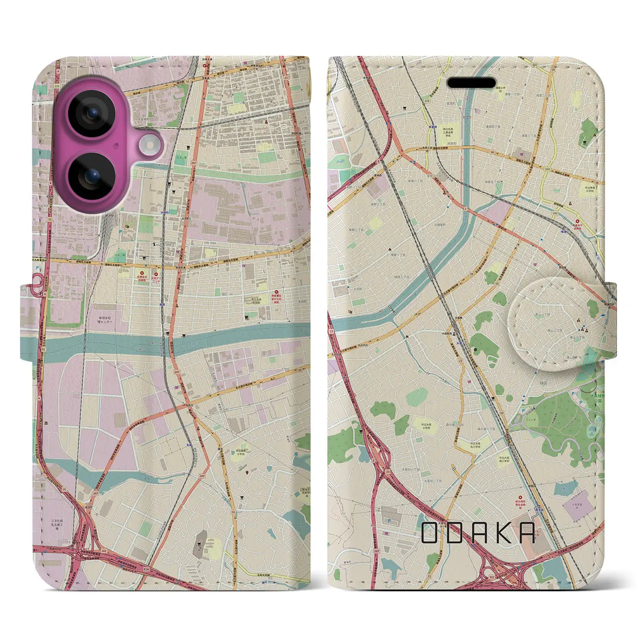 【大高(愛知県)】地図柄iPhoneケース(手帳タイプ)ナチュラル・iPhone 16 Pro 用